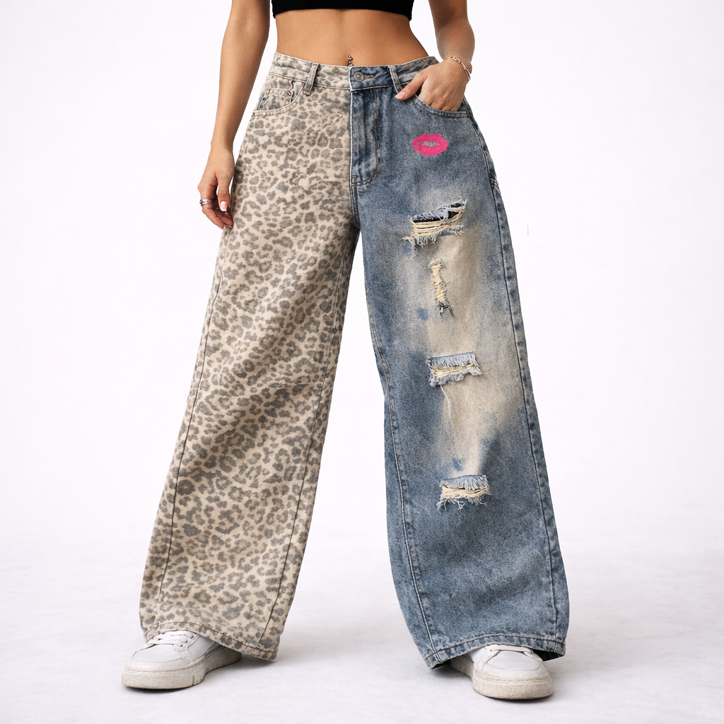 Feral Distressed Leopard Print Wide-leg Jeans