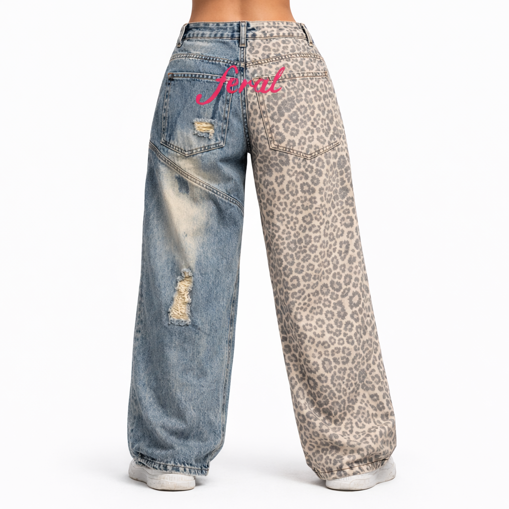 Feral Distressed Leopard Print Wide-leg Jeans