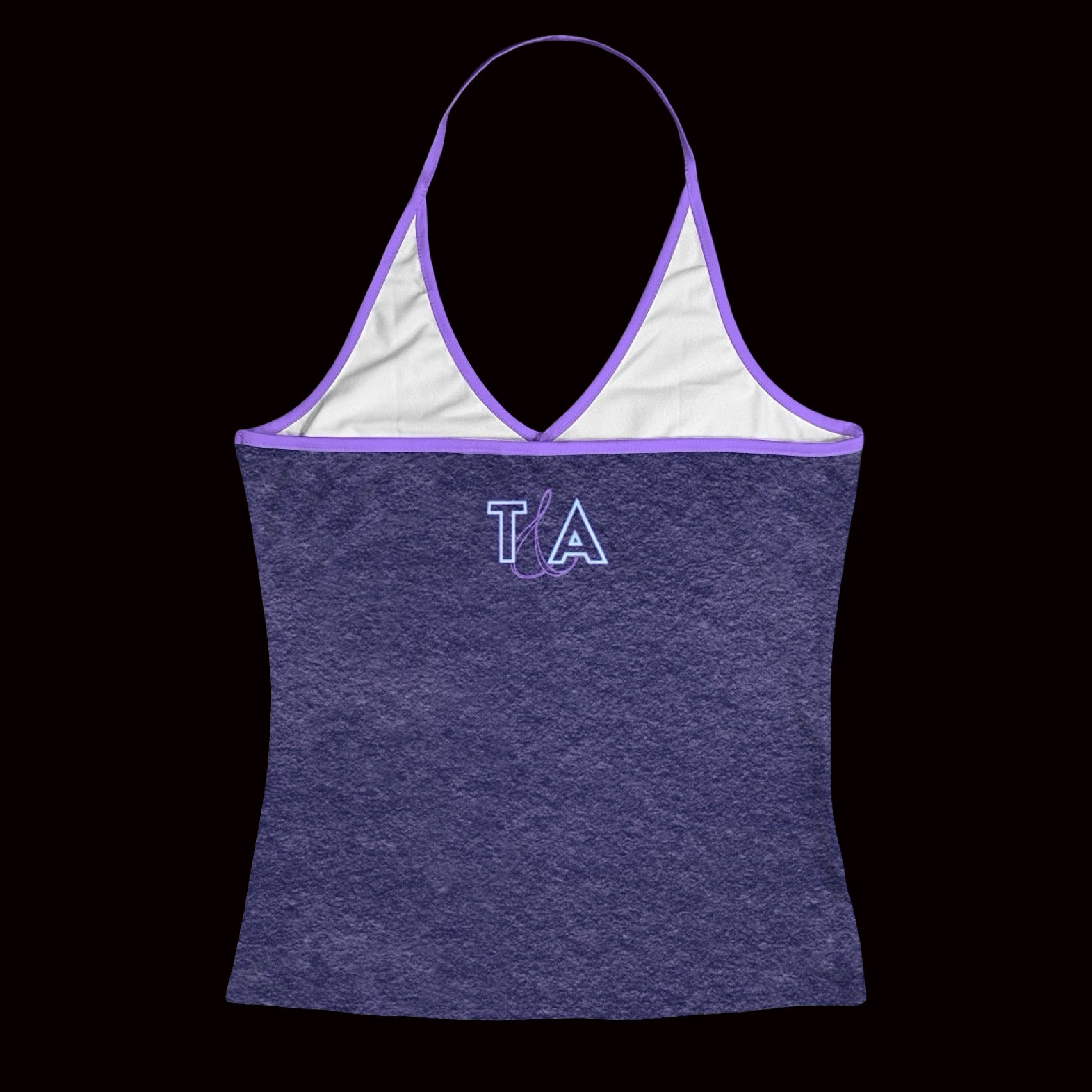 back view of a jersey style dark purple halter top baby tank with light purple trim and contrast stripes with a small T&A logo on a white background