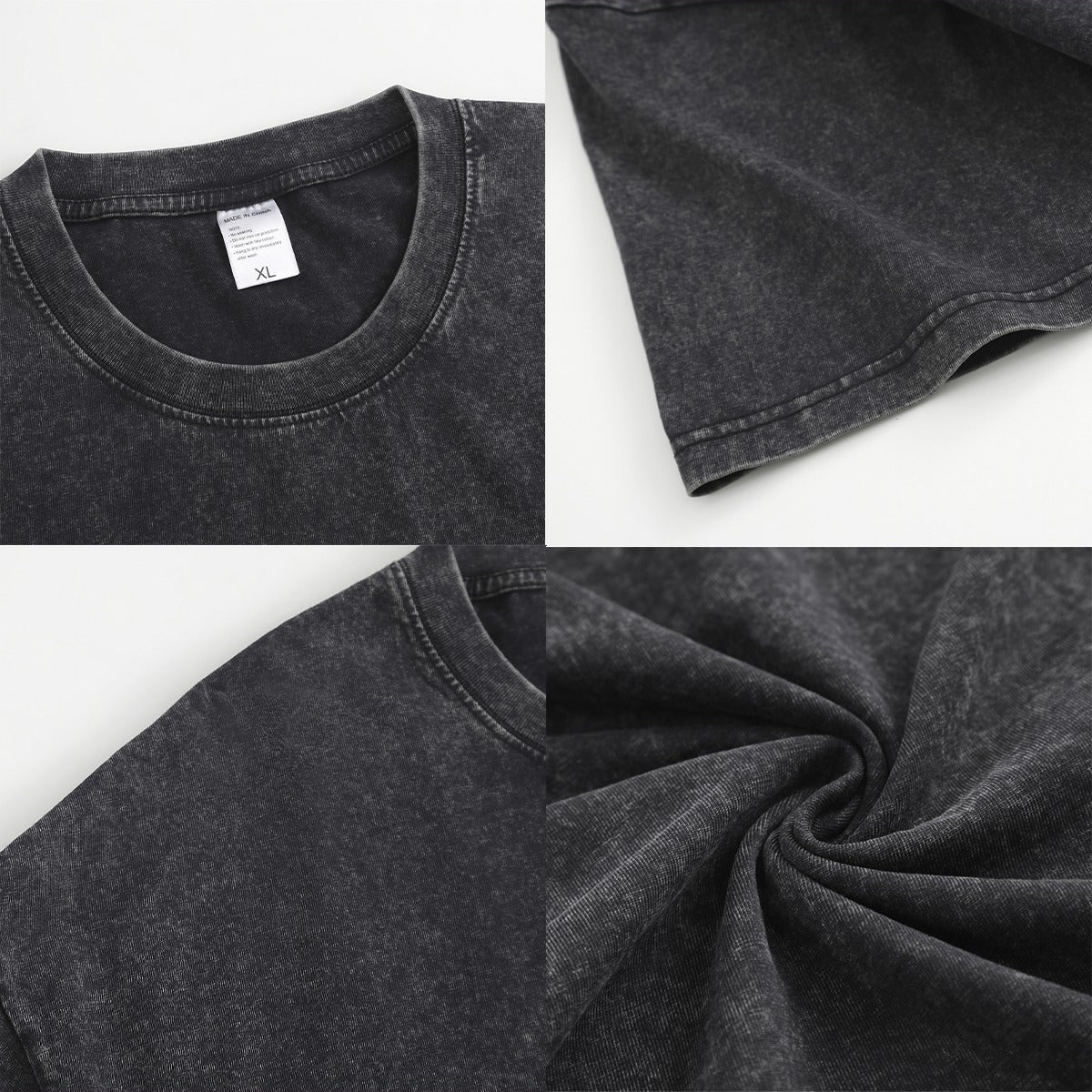 Collage of a black t-shirt showing different angles and details on a white background