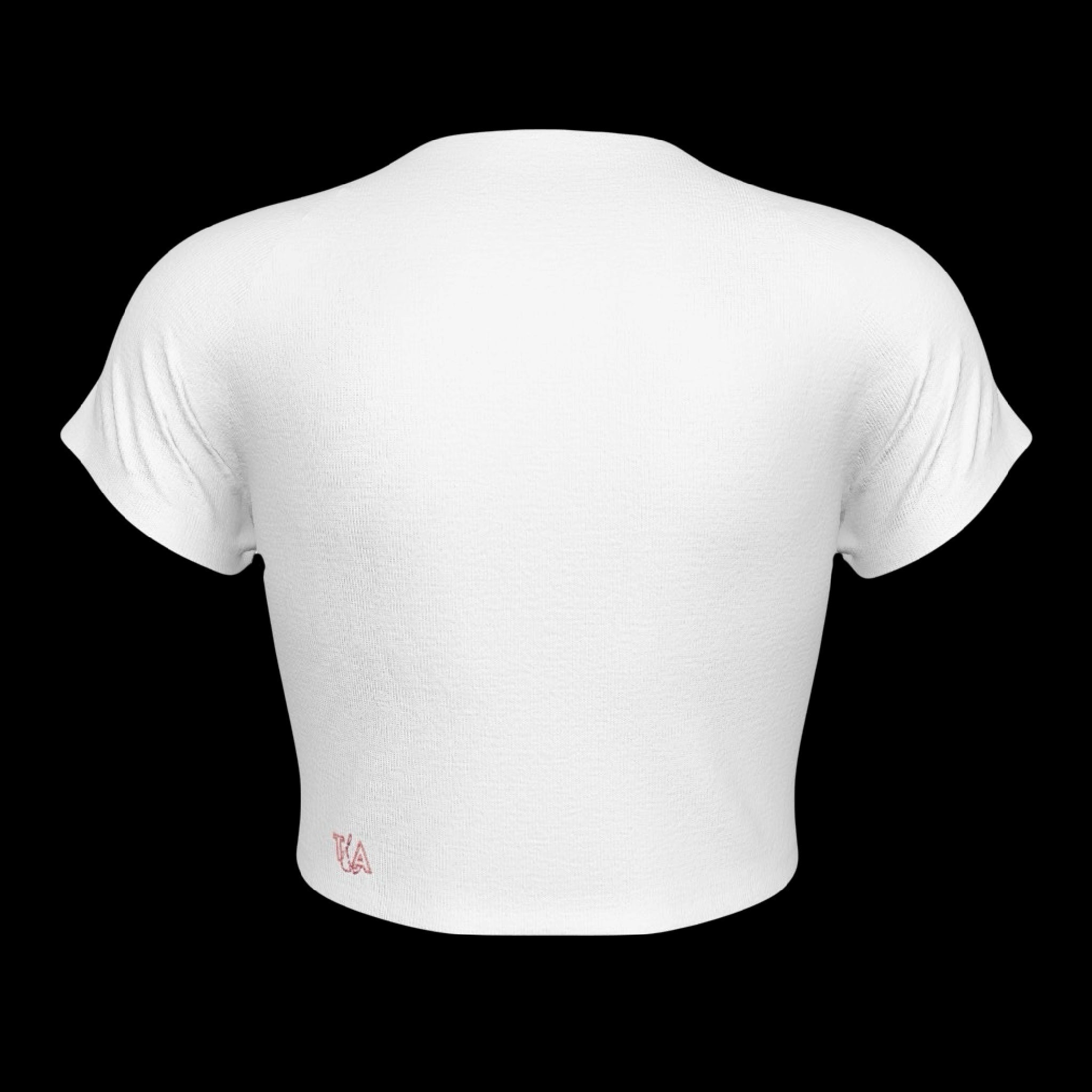 back view of white raglan sleeve cropped baby tee with small red t&a logo