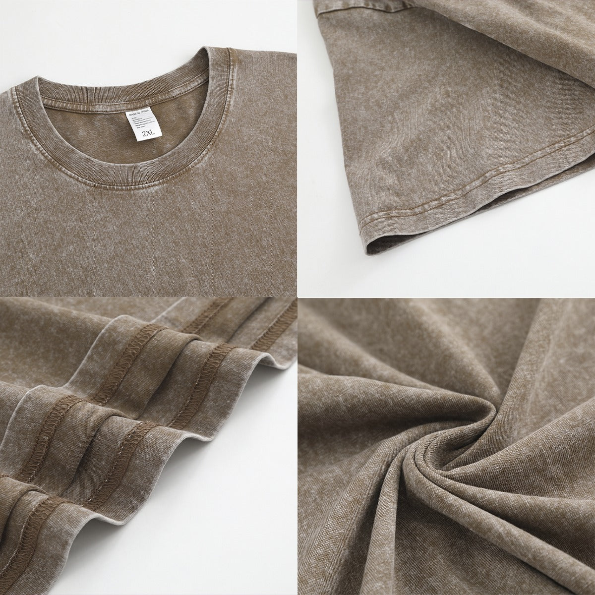 Collage of a brown t-shirt showing different angles and details on a white background