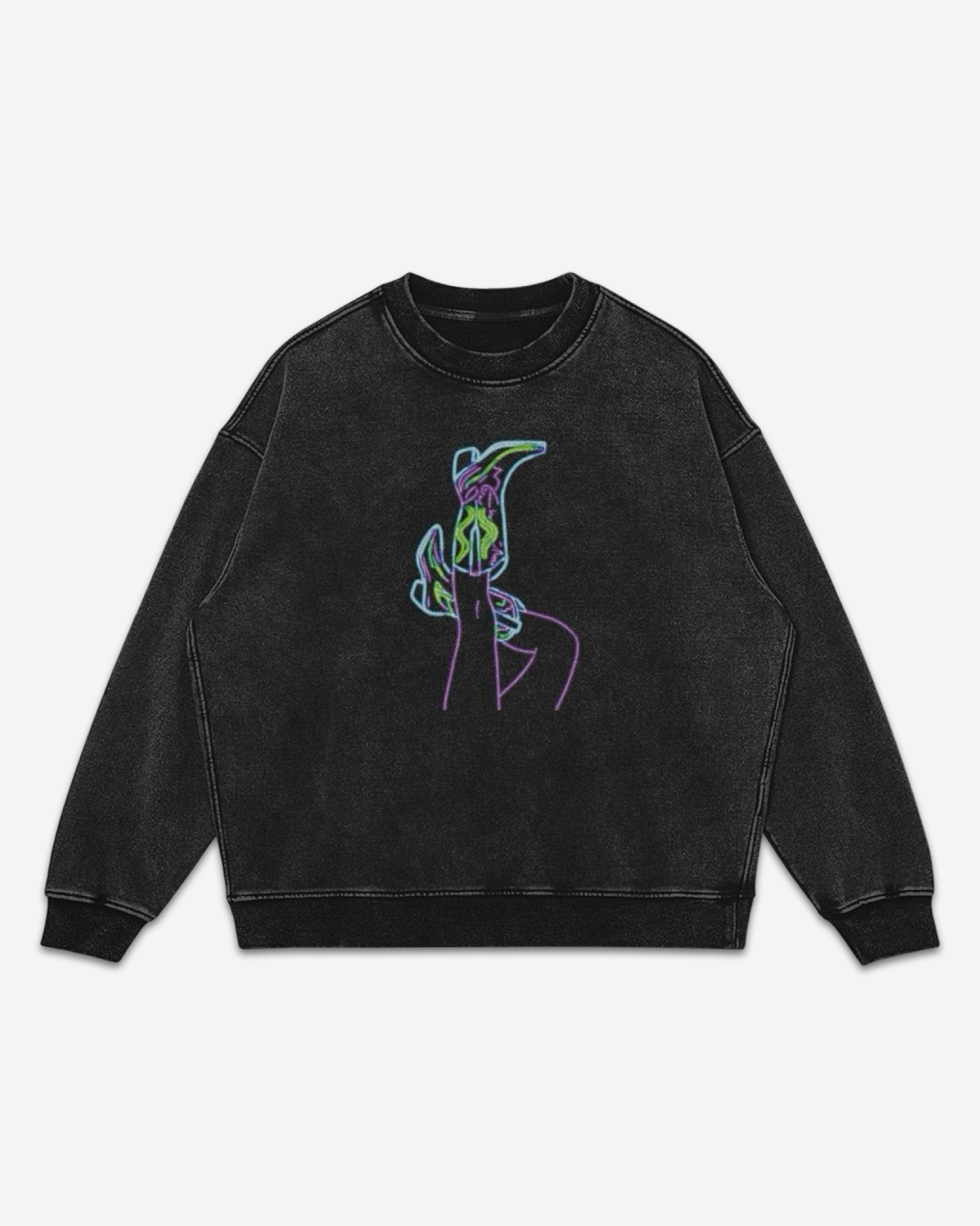 Flat lay image of a black oversized heavyweight cotton pullover sweatshirt with embroidered green, blue and pink graphic of a woman's legs wearing cowgirl boots