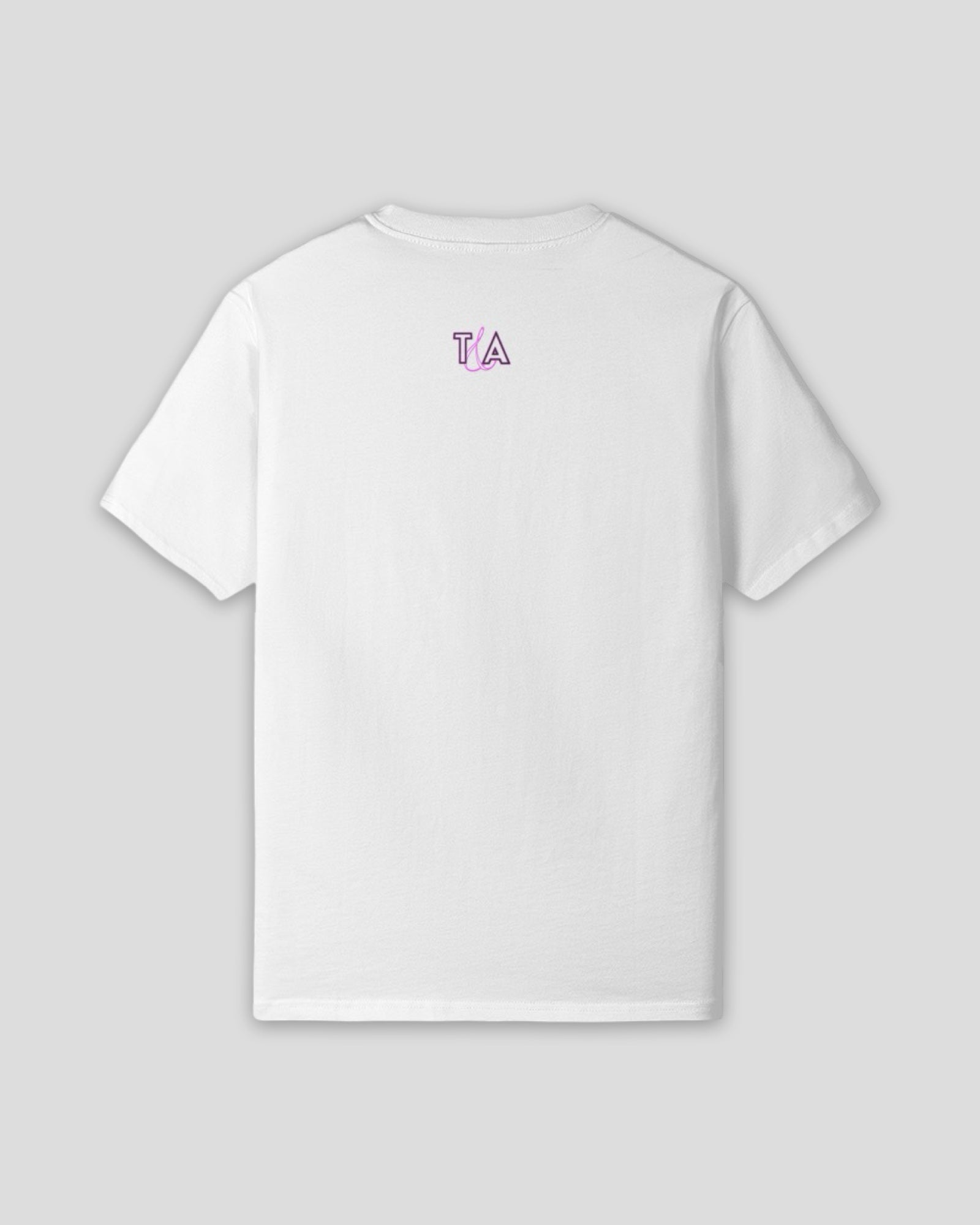 White t-shirt with a small T&A logo on the back against a light gray background