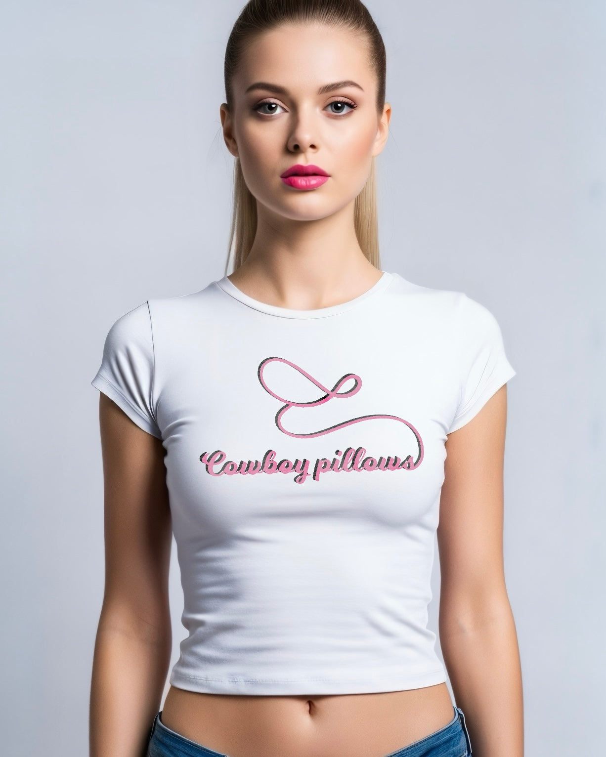 woman wearing a white cropped fitted crew neck cotton baby tee with embroidered pink text that reads Cowboy Pillows