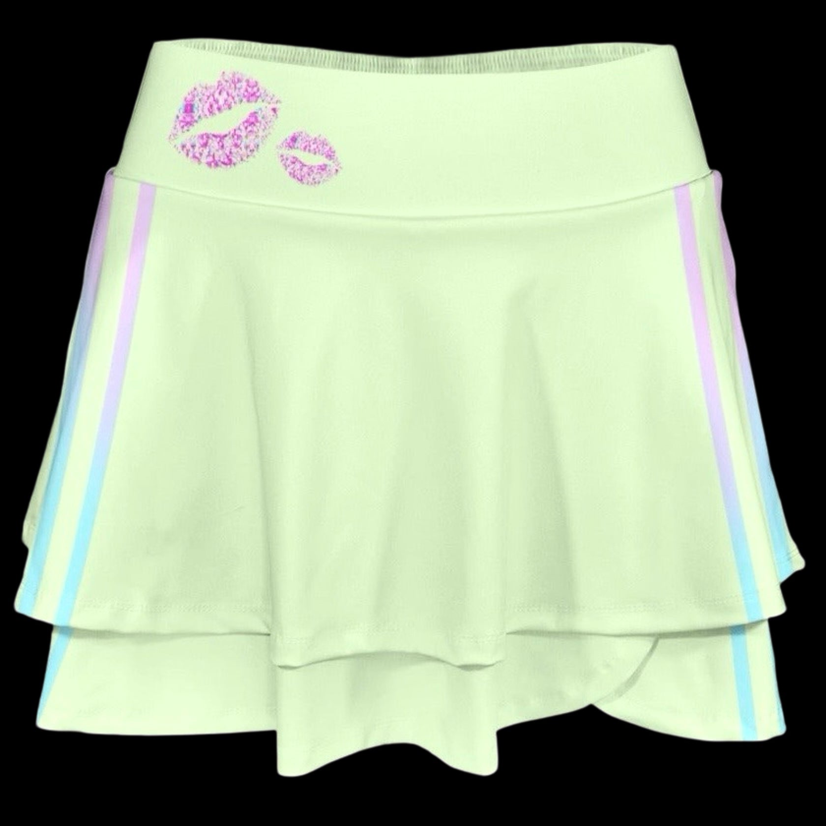 light green ruffle sports skort with contrast stripes and kiss marks against a plain background
