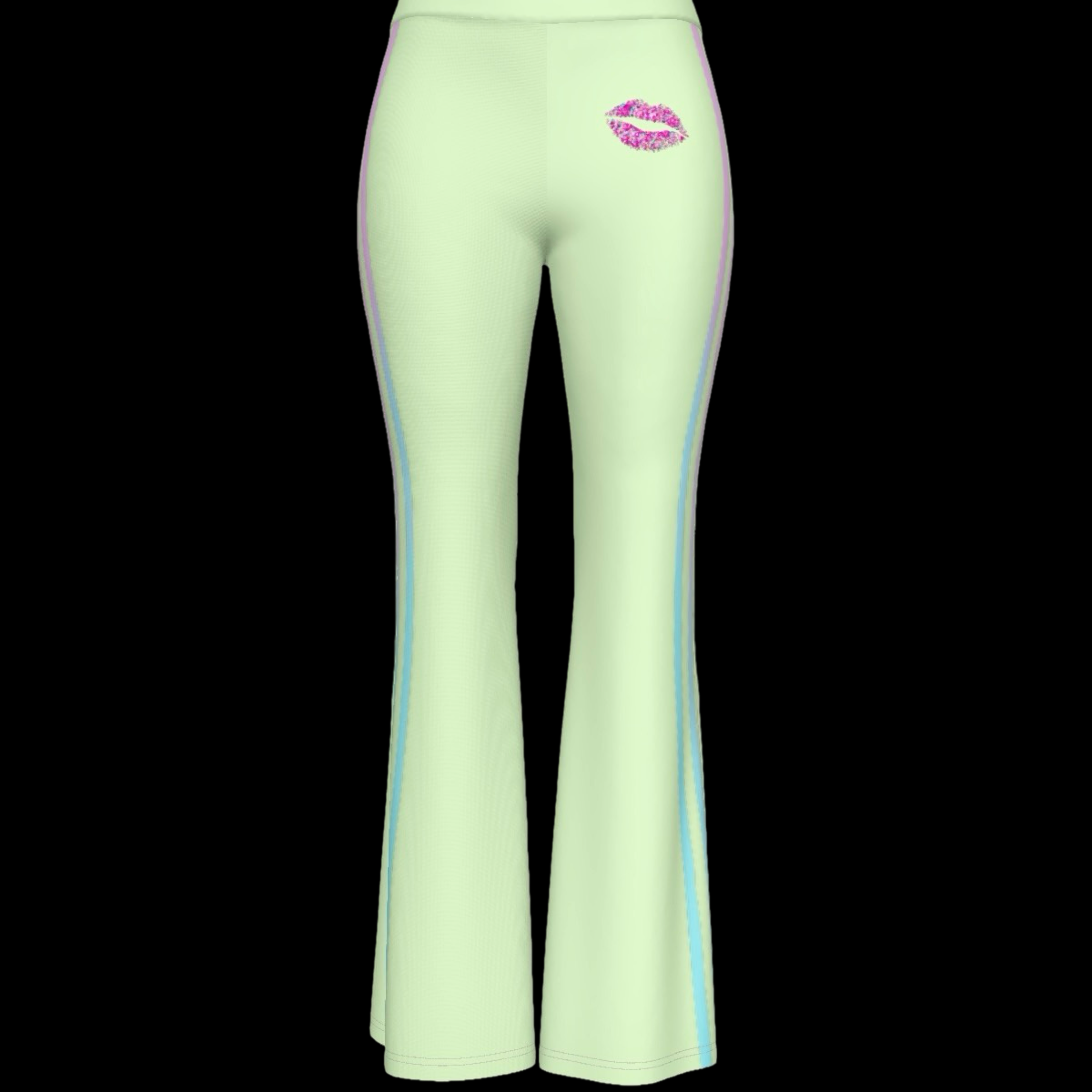 light green high stretch flare pants with contrast stripes and kiss mark against a plain background