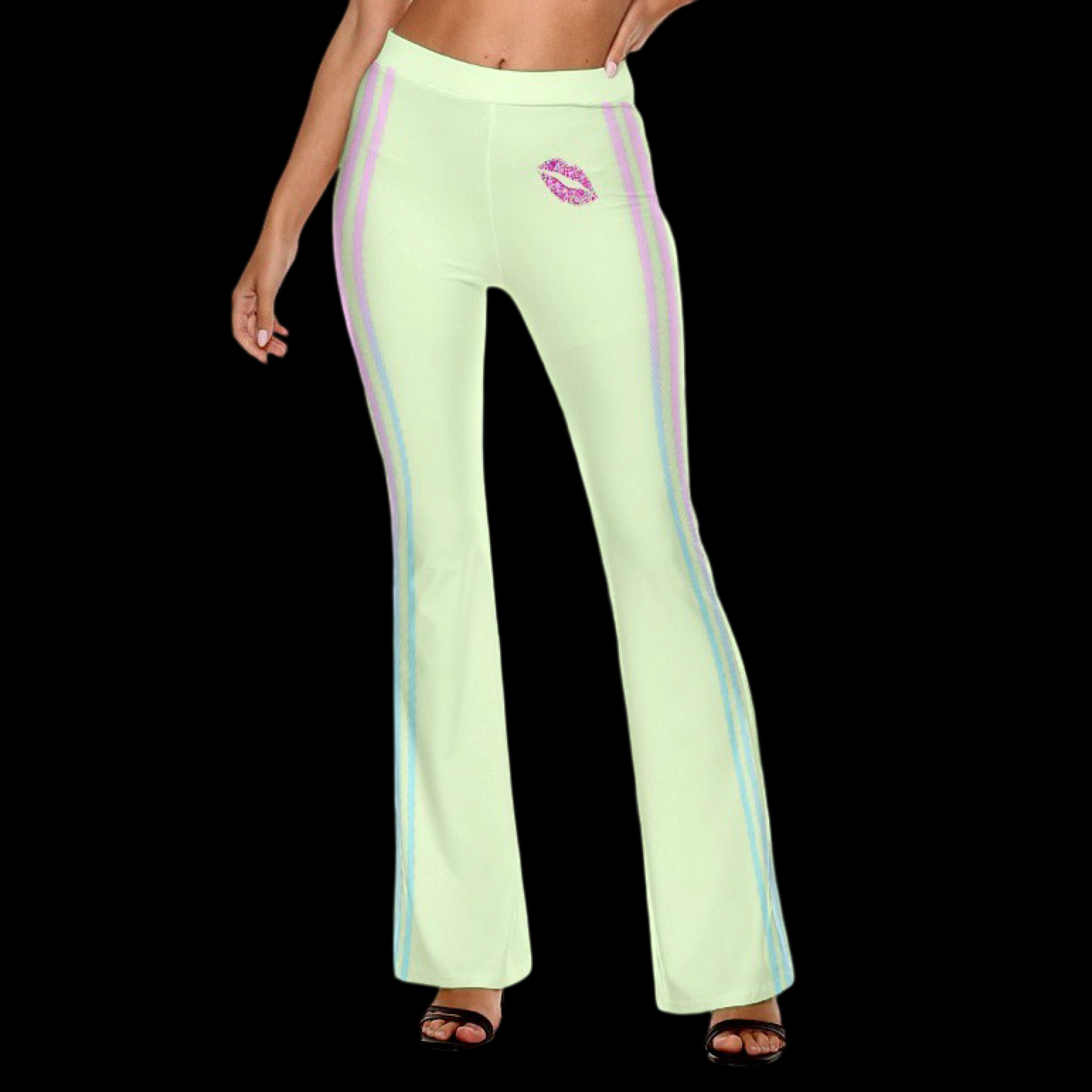 model wearing light green flare pants with contrast stripe and kiss mark