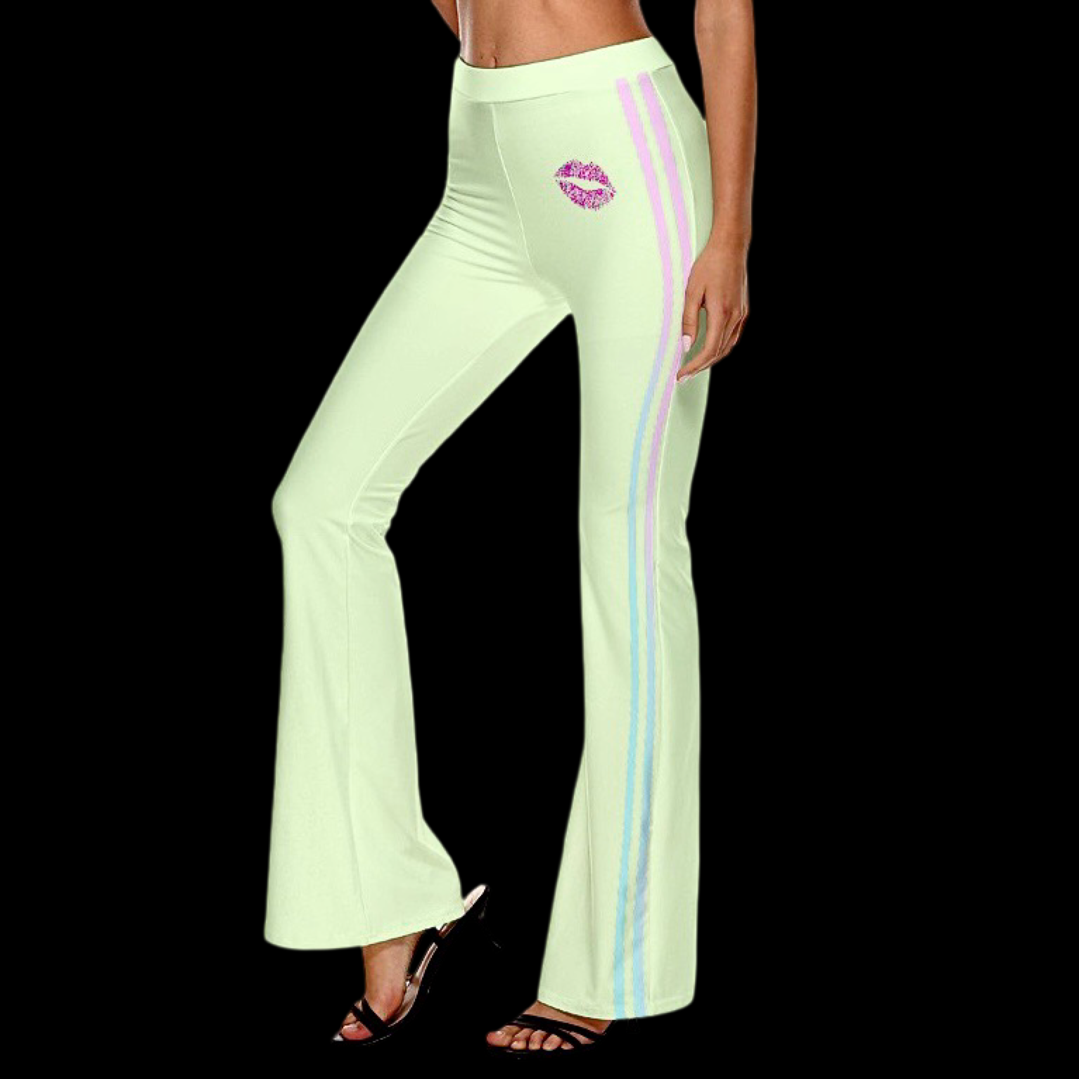 side view of a model wearing light green flare pants with contrast stripe and pink kiss mark