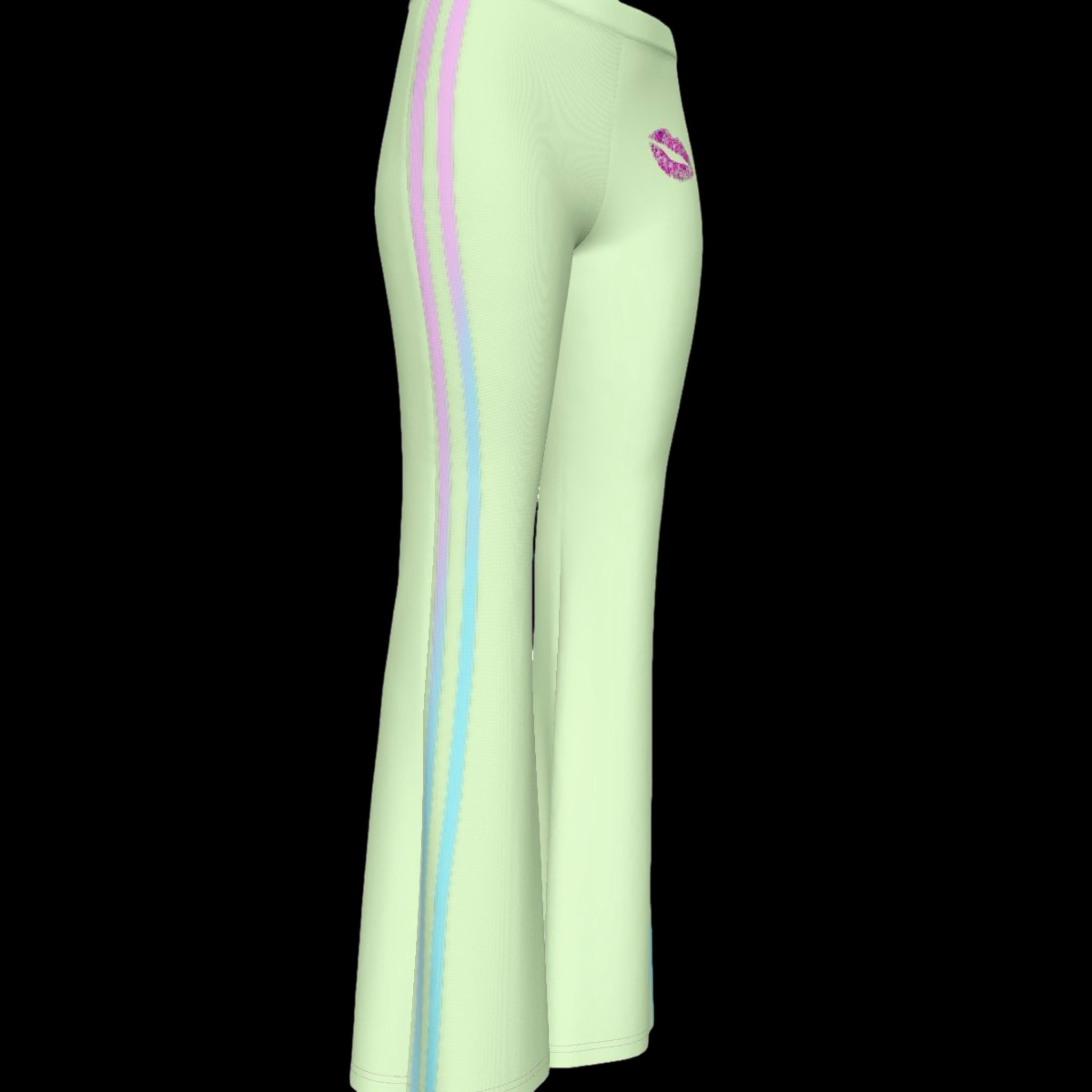 light green stretch flare pants with blue and pink contrast stripe