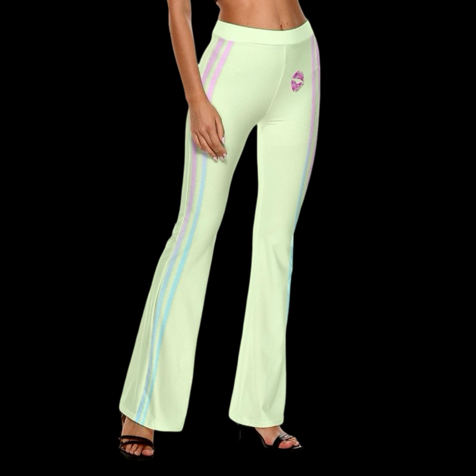 Left view of model wearing light green high stretch flare pants with kiss mark and blue and pink contrast stripes