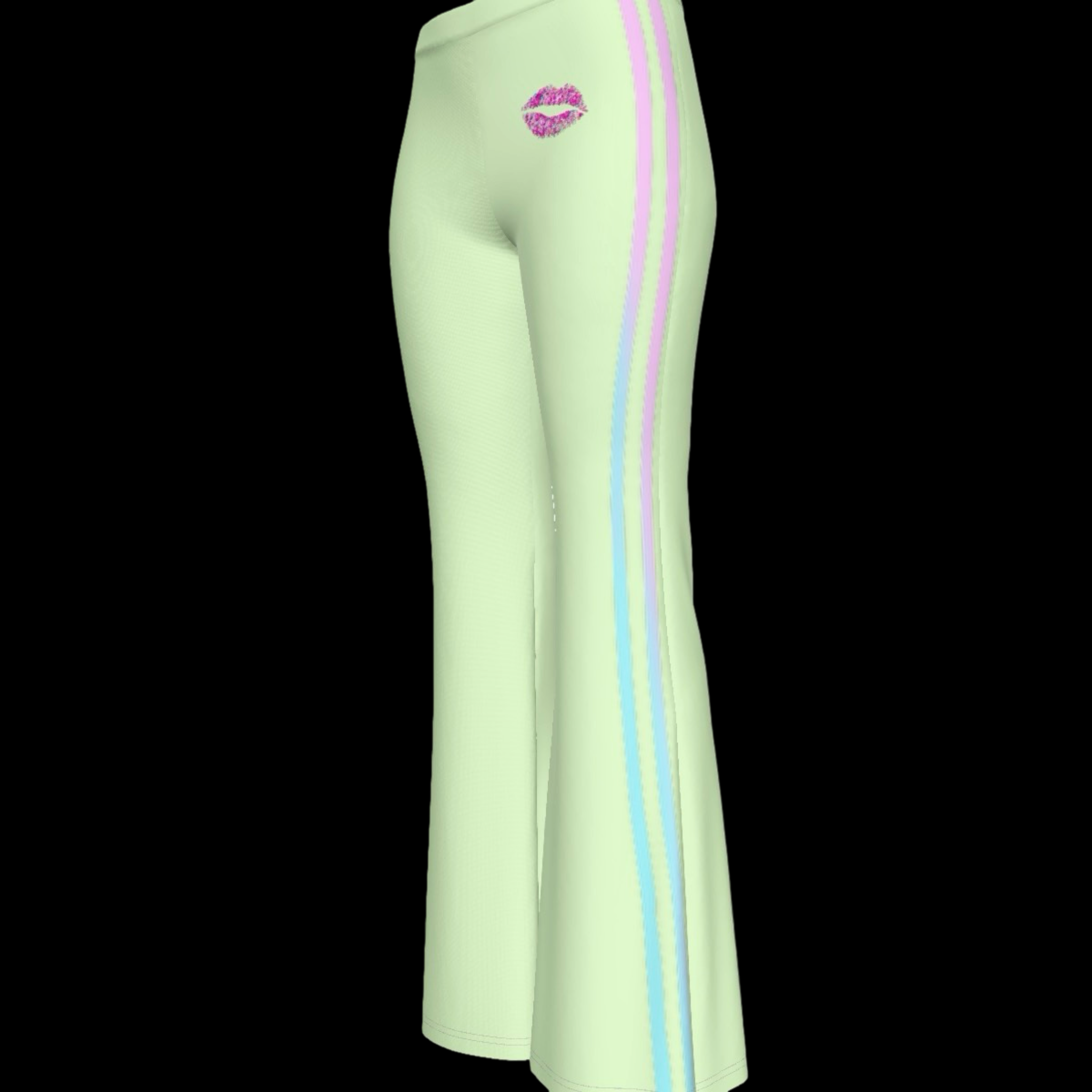 side view of light green flare pants with kiss mark and contrast stripes