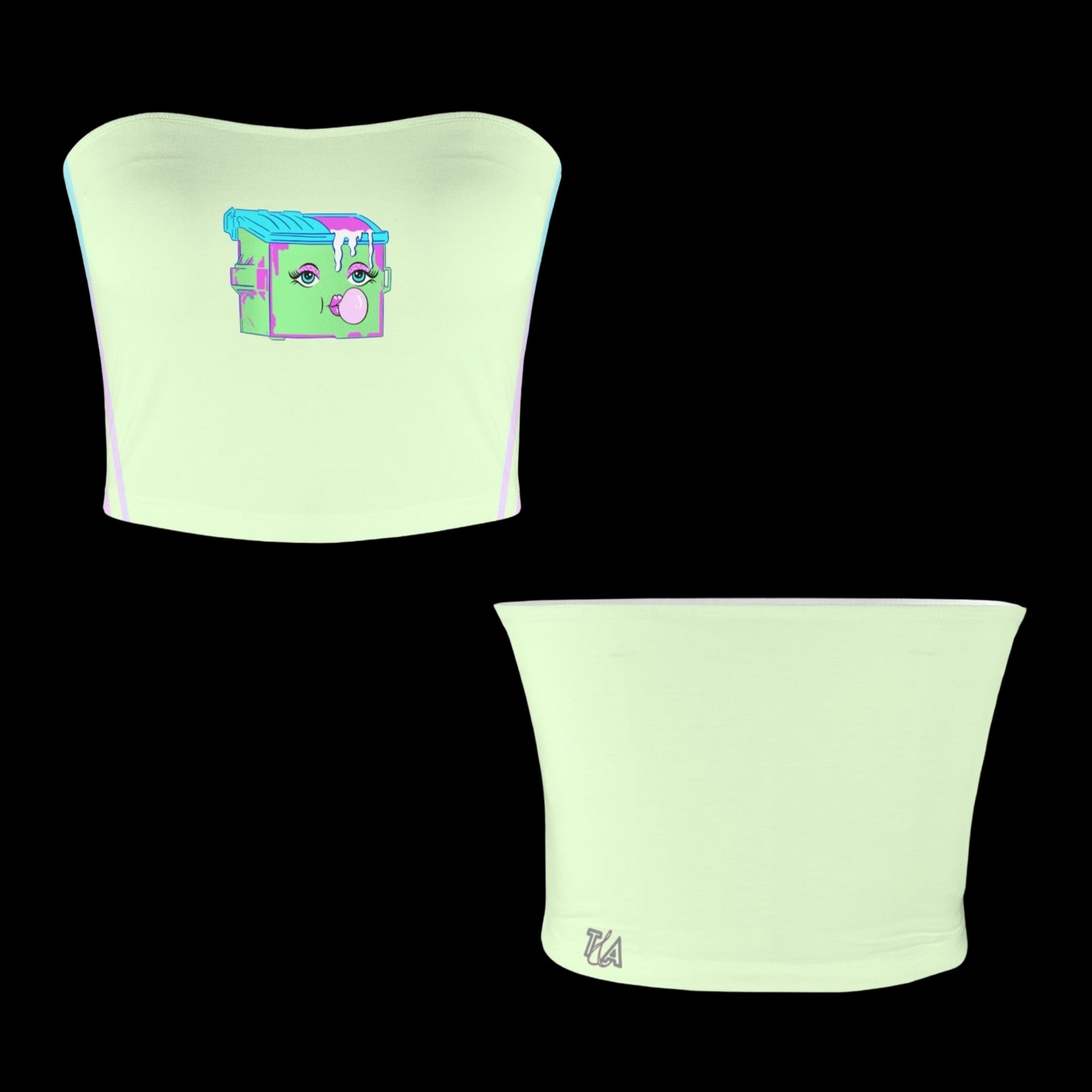 Front and back view of light green ribbed crop tube top with colorful dumpster graphic
