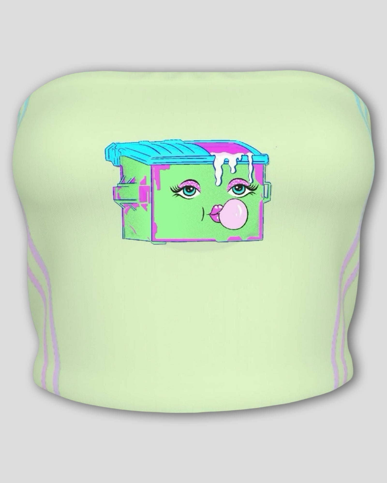 Light green tube top with a colorful dumpster graphic design 