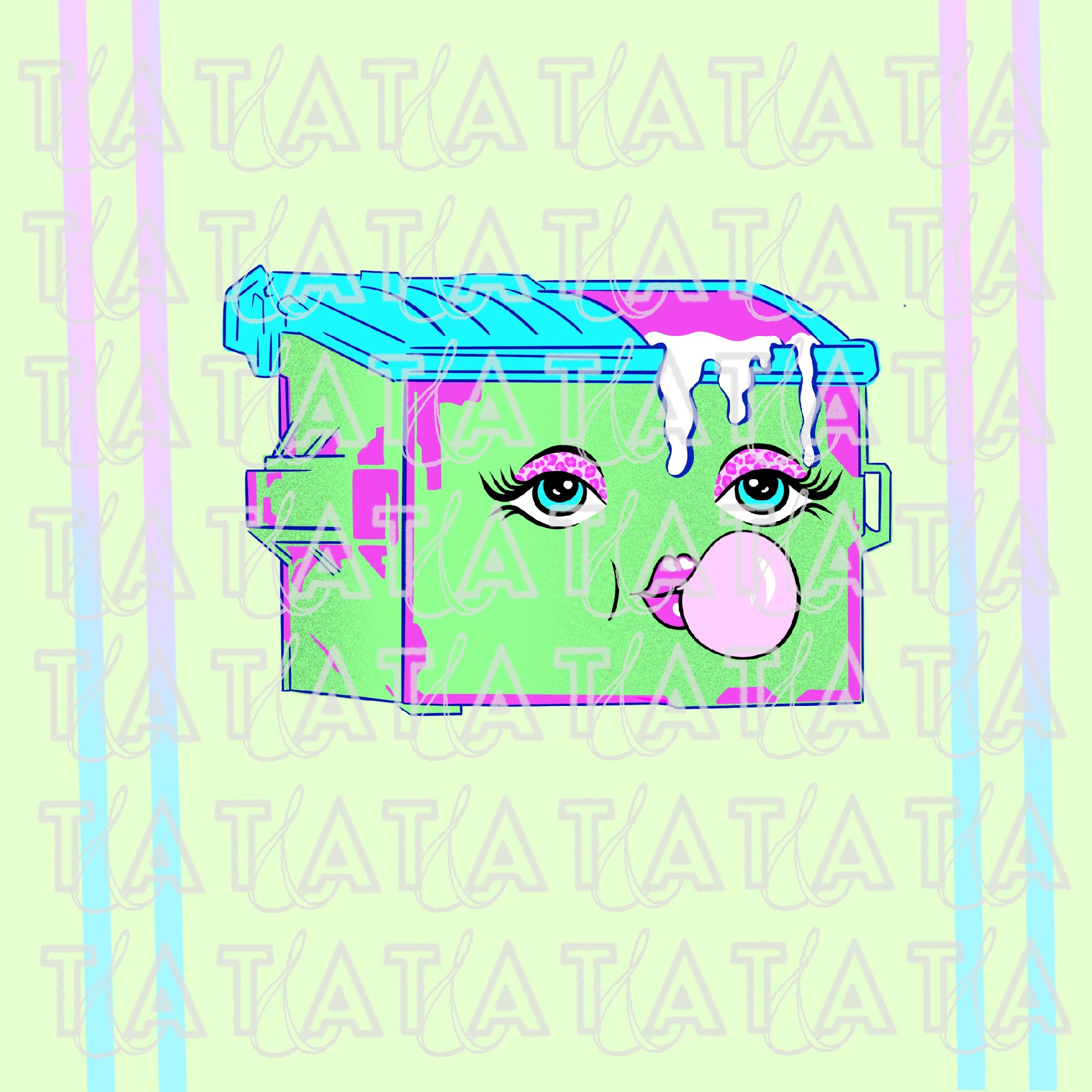 colorful dumpster graphic with blue and pink contrast stripes and a light green background