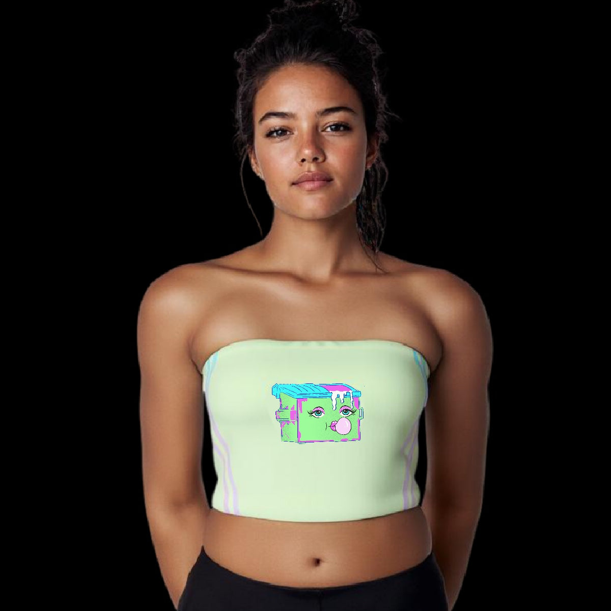  model wearing a light green ribbed crop tube top with a dumpster graphic