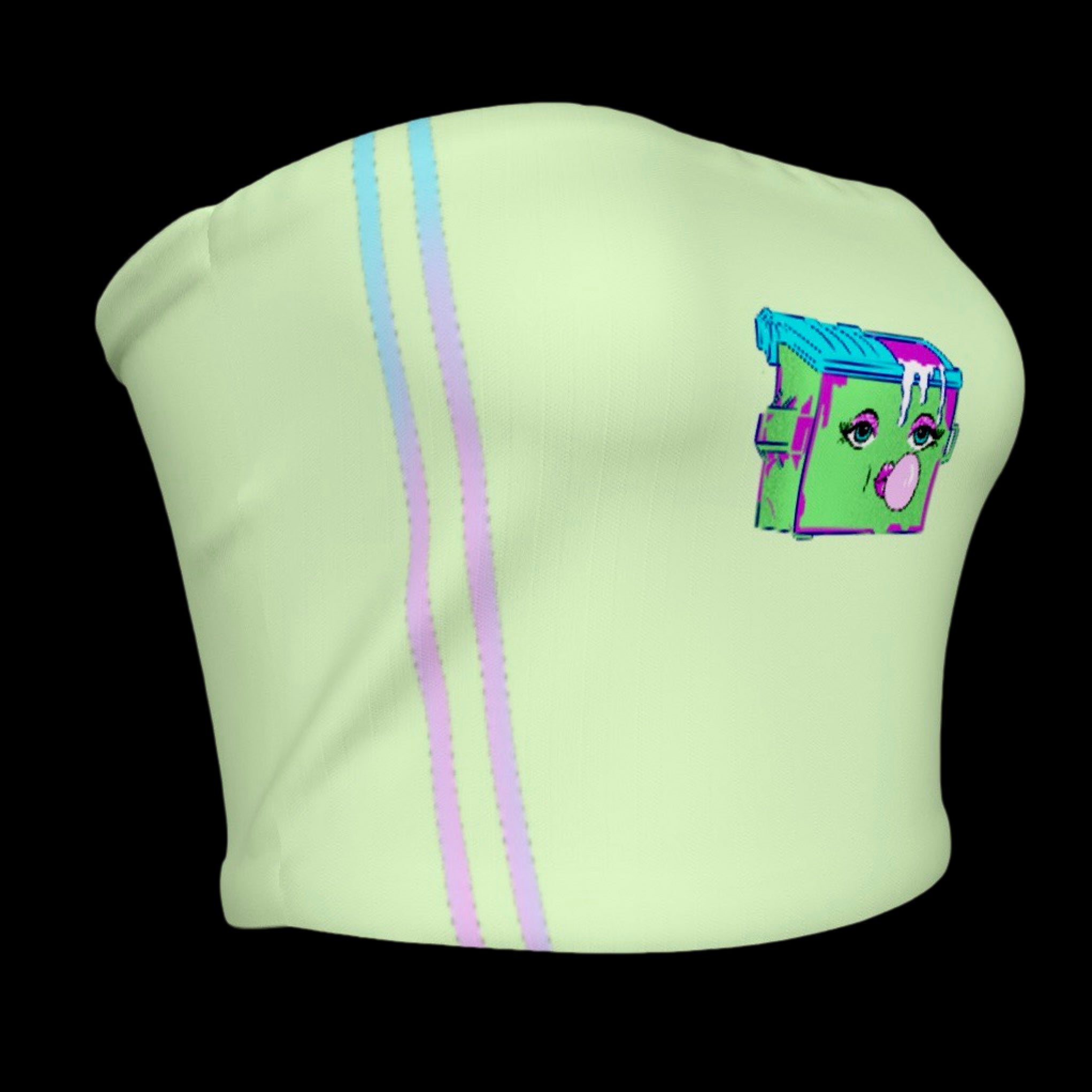 side view of Light green ribbed tube top with contrast stripes and dumpster graphic