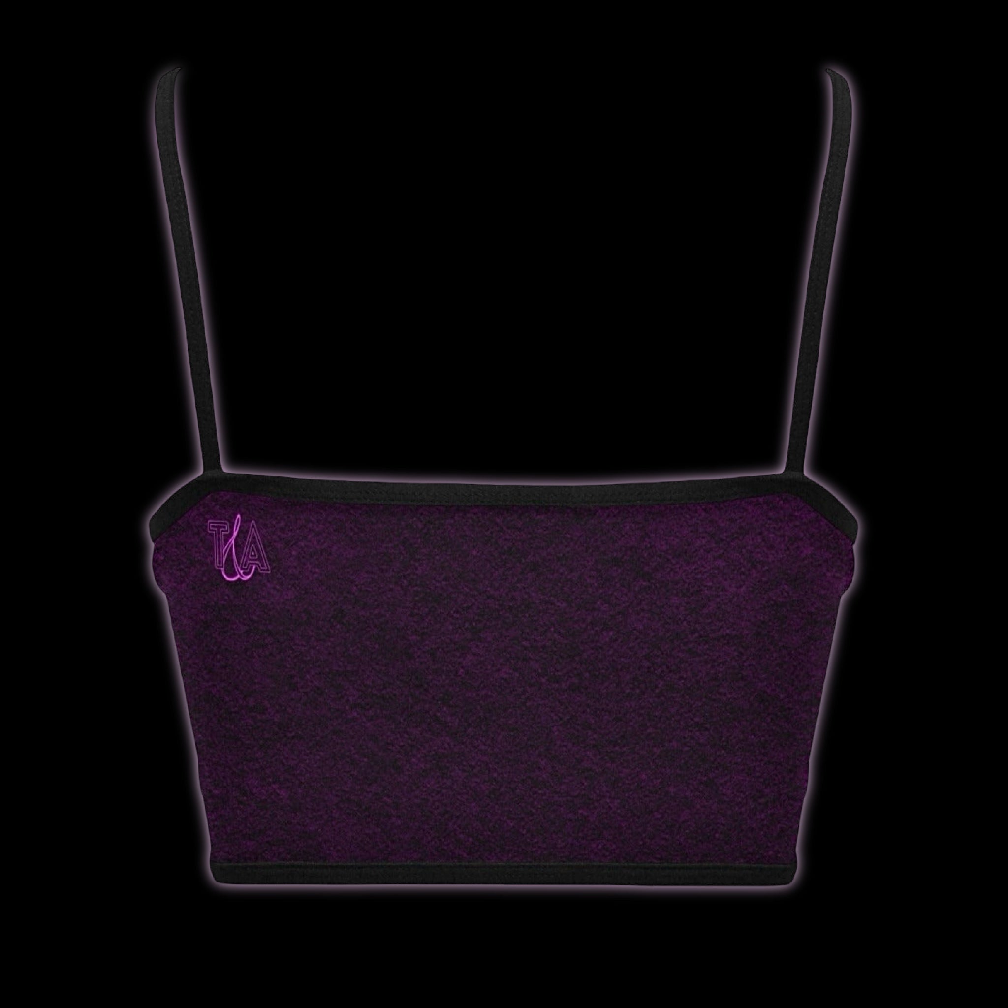 back view of a purple cami crop top with spaghetti straps with text print that ready 