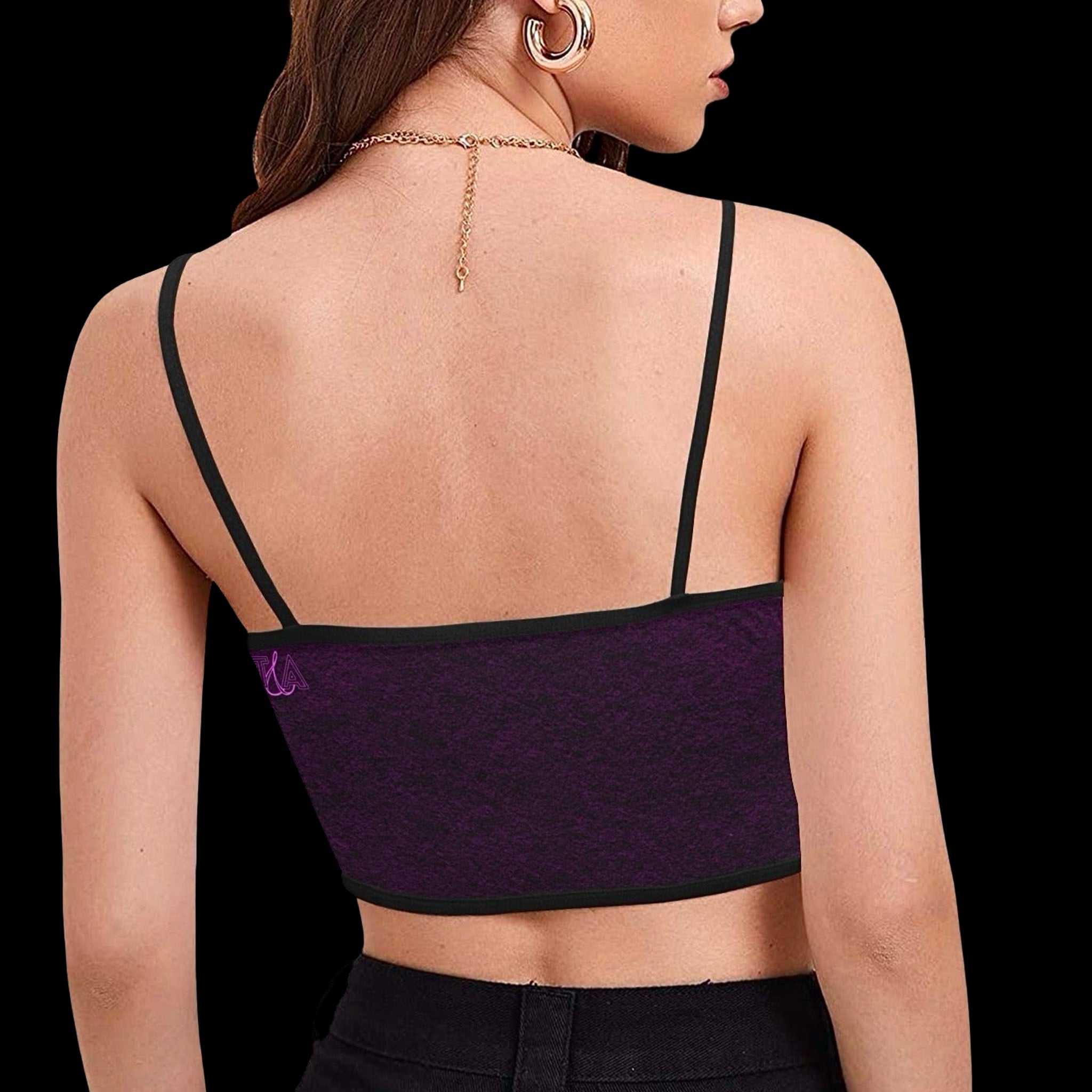back view of woman wearing a purple cami crop top with spaghetti straps with text print that ready 