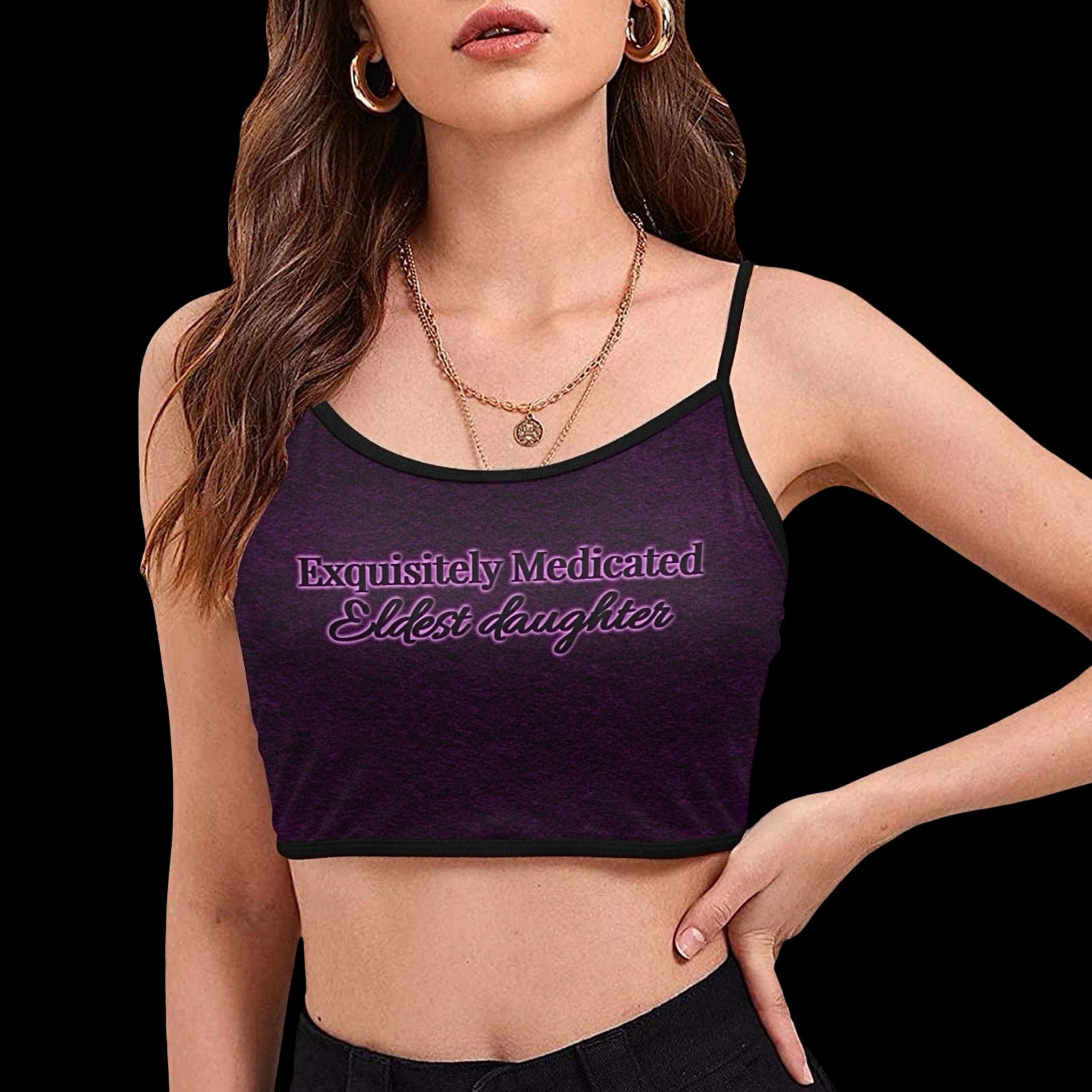 woman wearing a purple cami crop top with spaghetti straps with text print that ready 