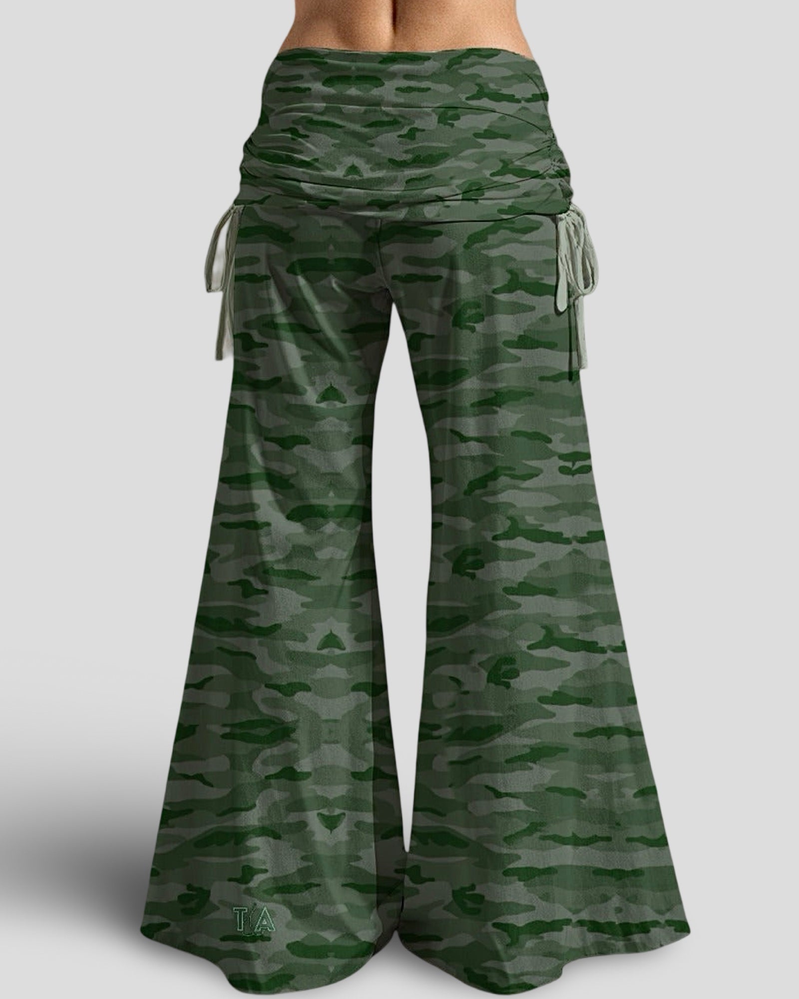 Green camouflage wide-leg pants on a light gray background
