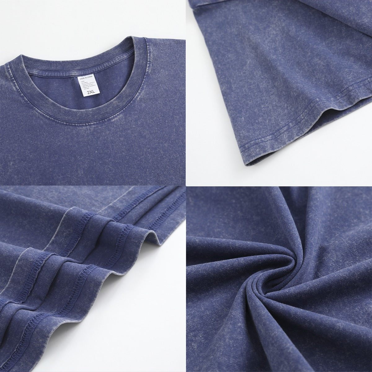Collage of a heavyweight cotton blue t-shirt showing different angles and fabric texture on a white background.