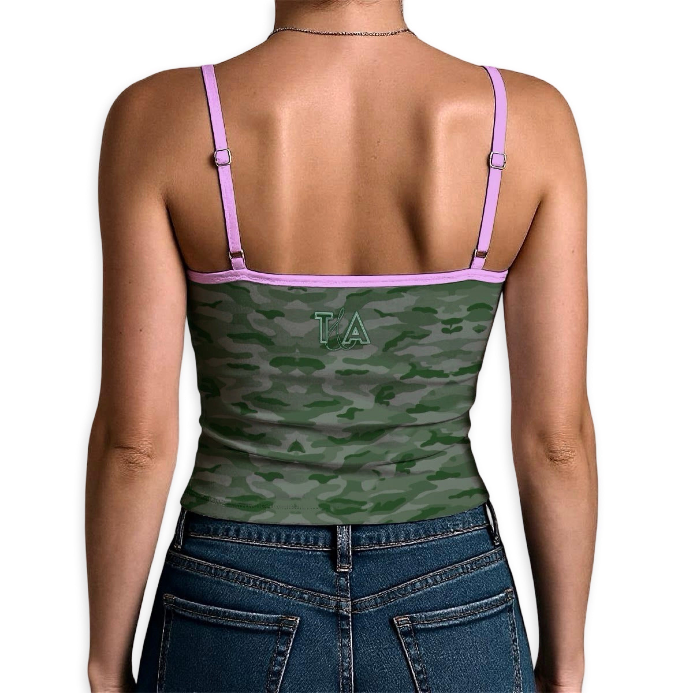 Green camouflage tank top with pink spaghetti straps worn by a person on a white background