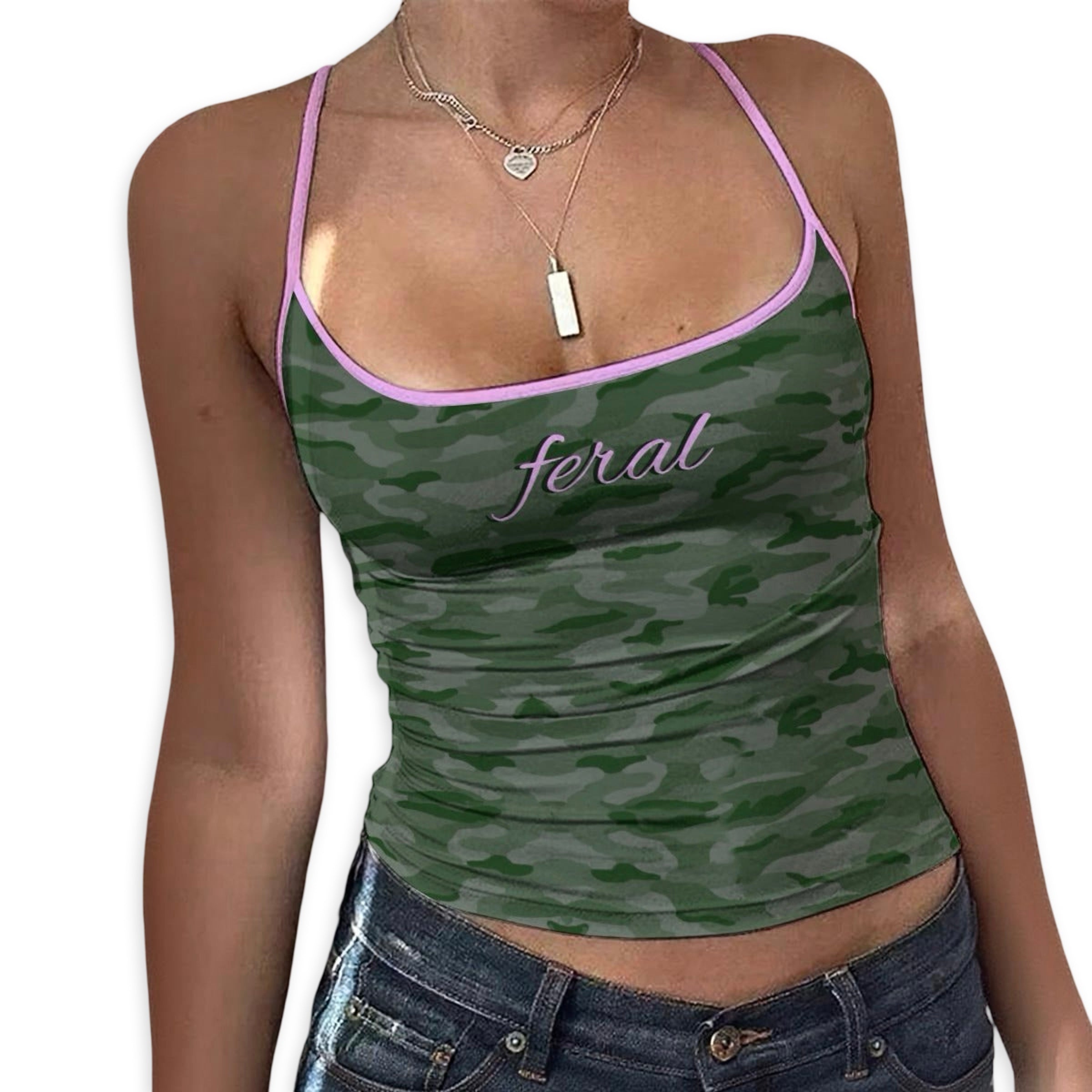 Green y2k cami camouflage tank top with 'feral' text worn by a person on a white background