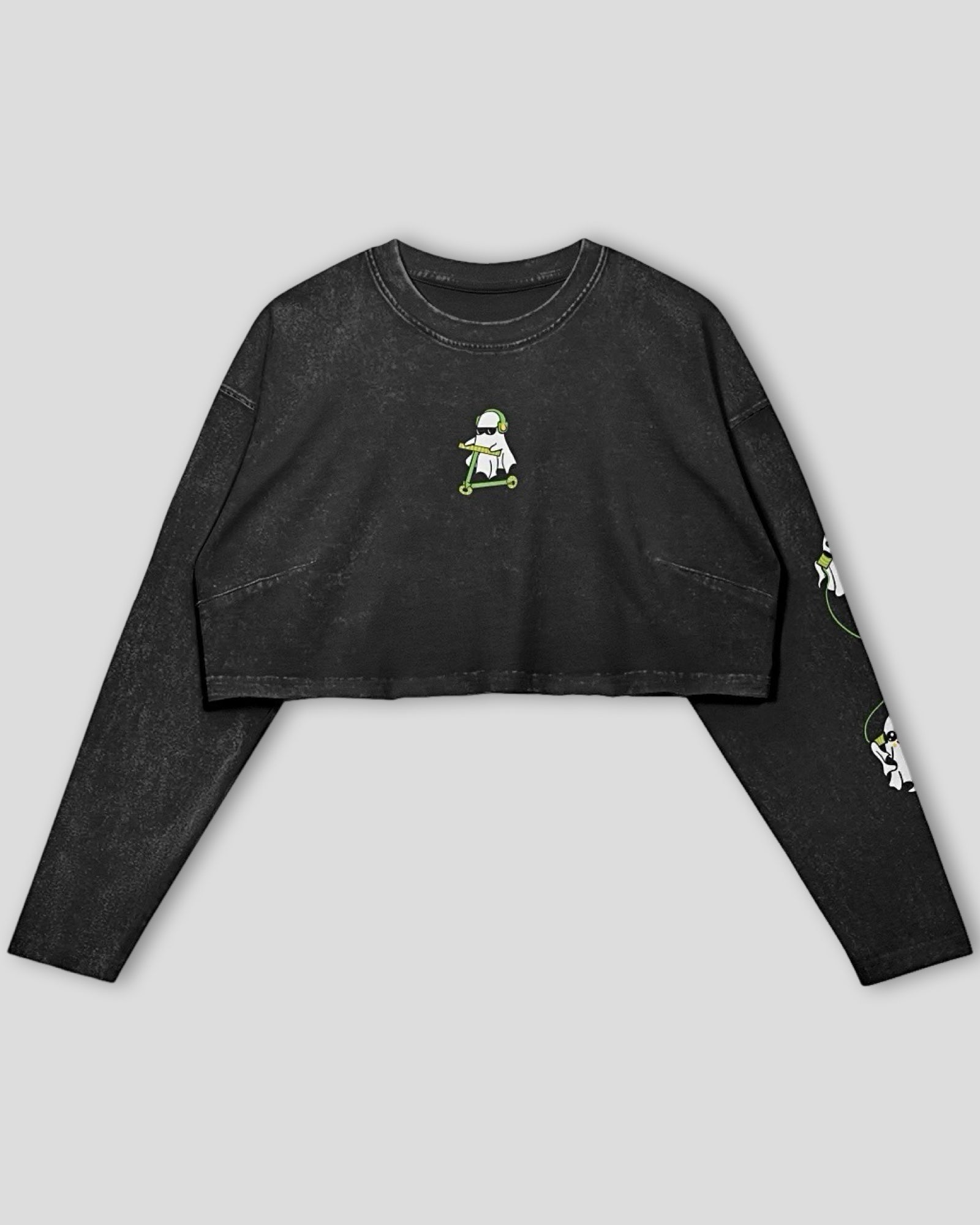 Black long-sleeve crop top with a small ghost graphic on a light gray background