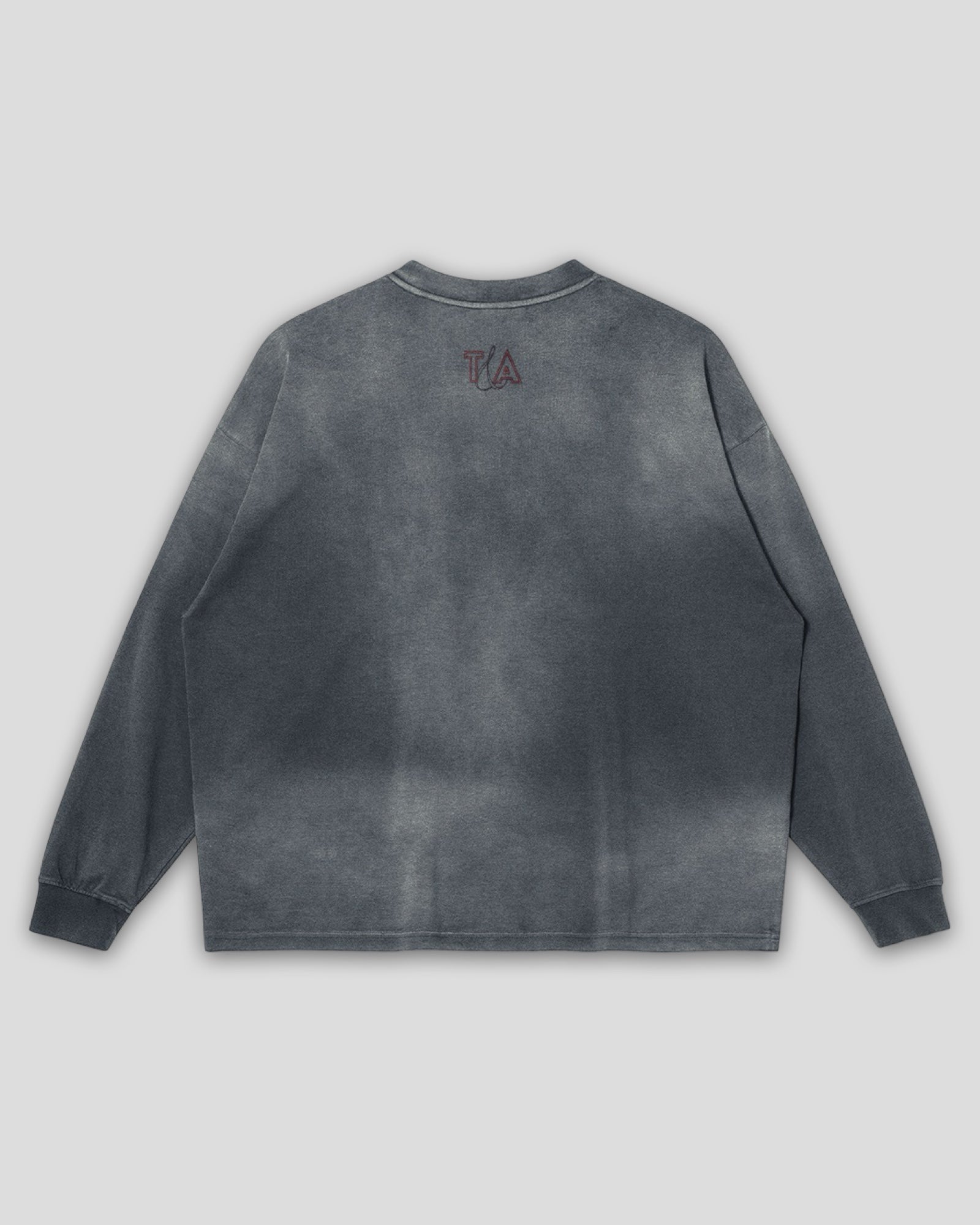 back view of a long sleeve grey vintage washed heavyweight cotton t shirt with embroidered original ghost graphics and a small t&a logo against a white background