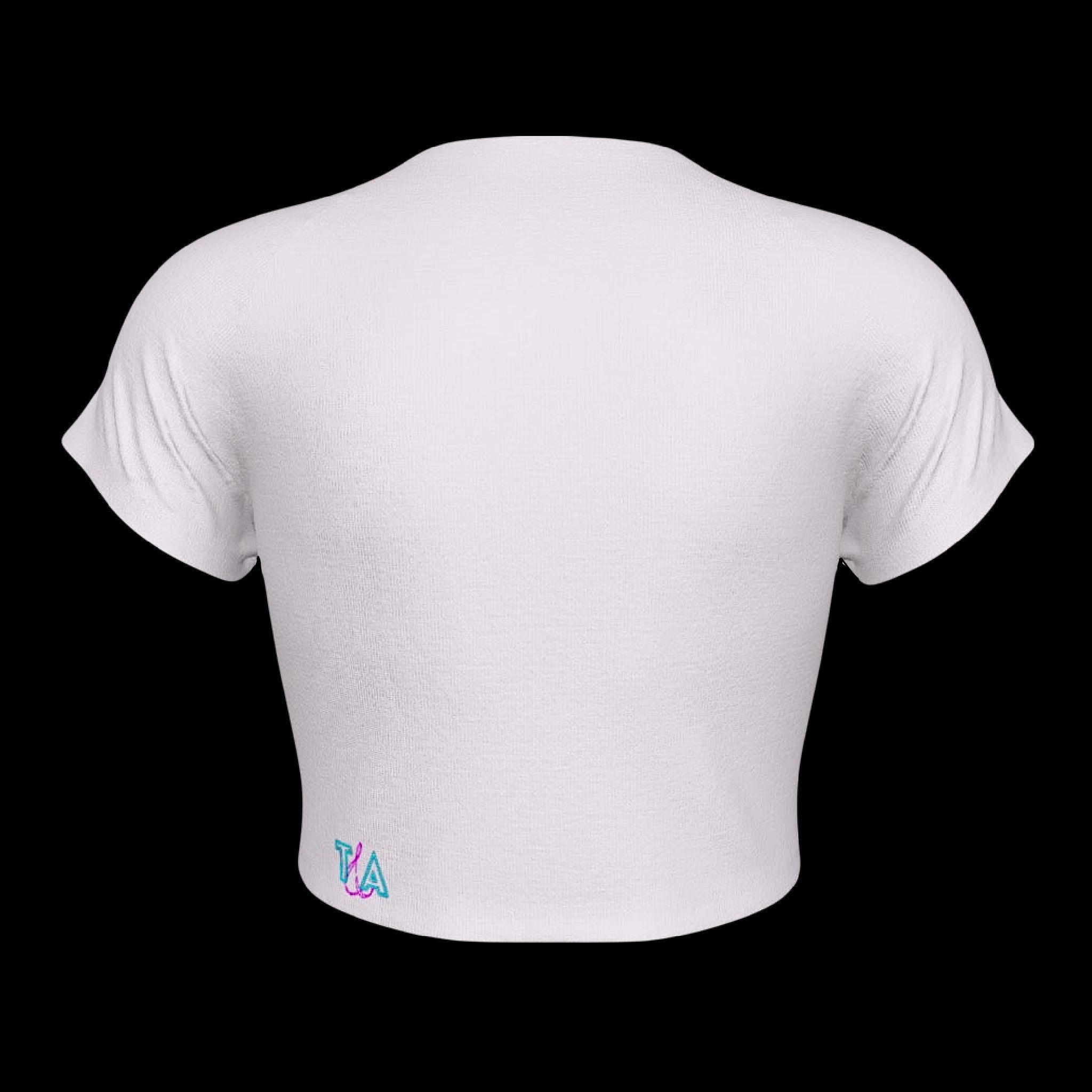back view of a white raglan sleeve microfiber cropped baby tee with a small pink and blue t&a logo and pink and green text lettering that reads 