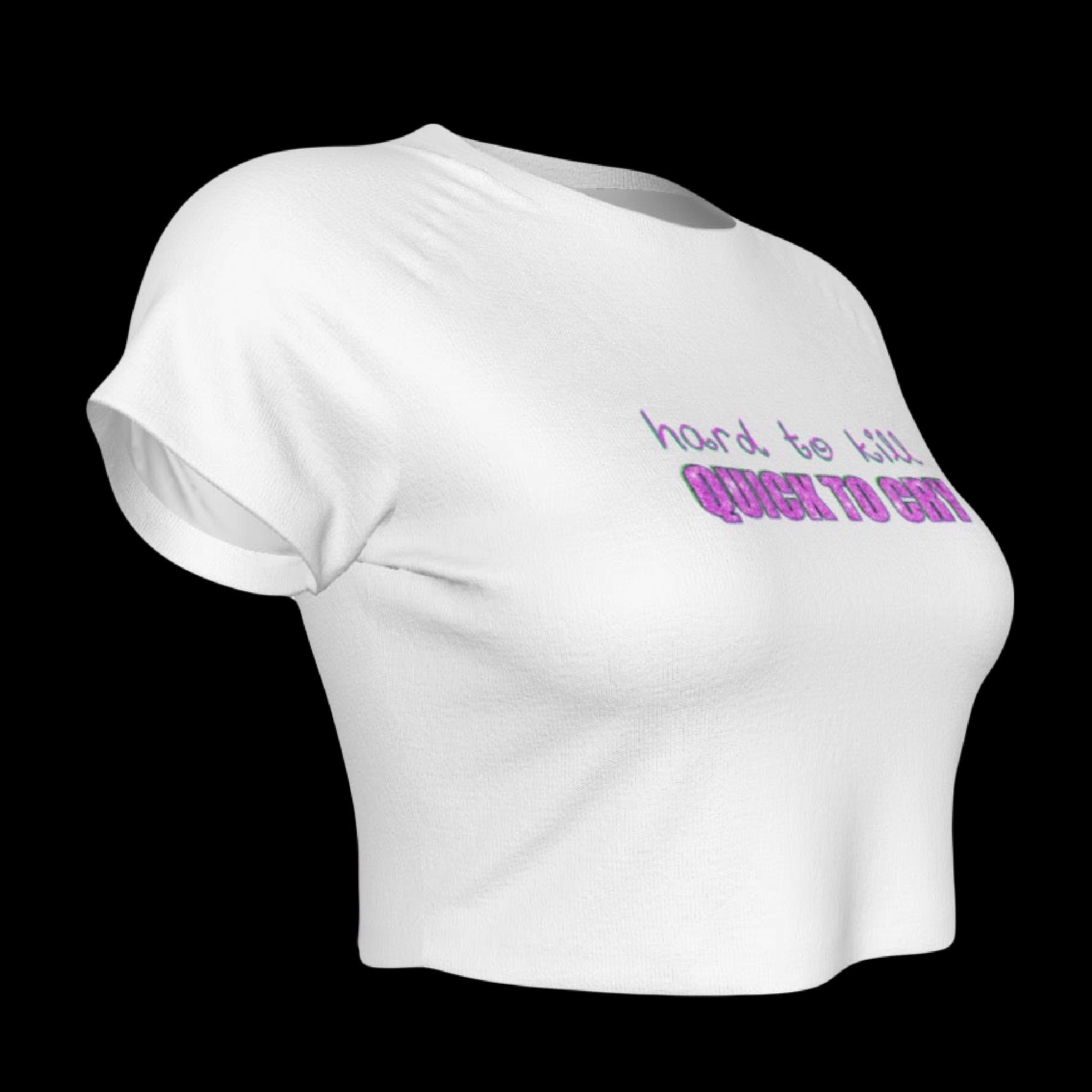 side view of a white raglan sleeve microfiber cropped baby tee with pink and green text lettering that reads 
