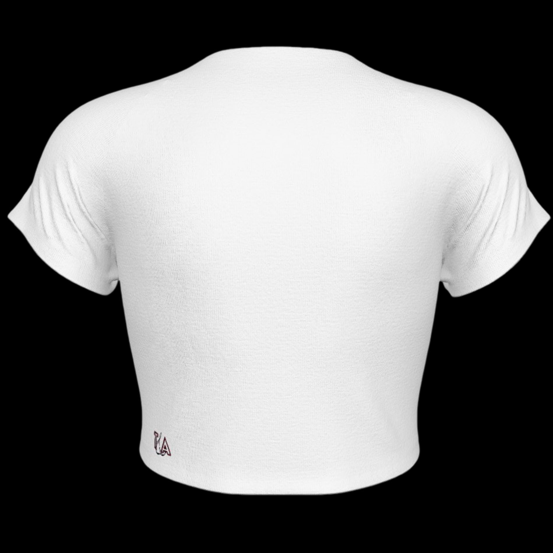 back view of white cropped baby tee with text graphic that reads 