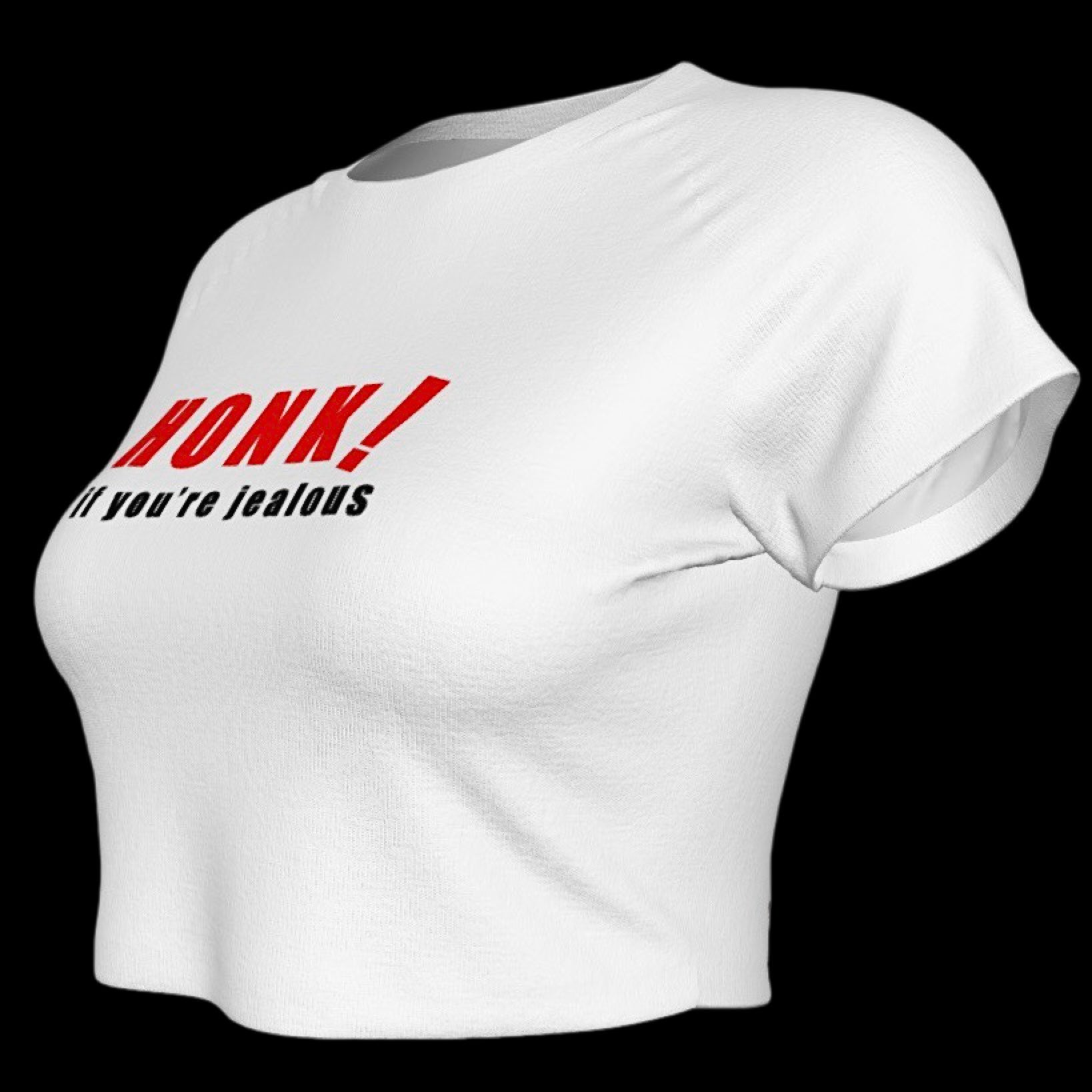 side view of white cropped baby tee with text graphic that reads 