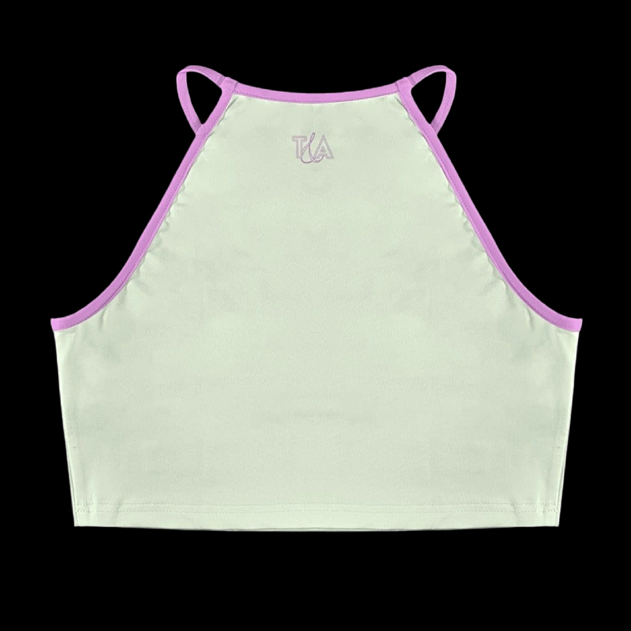 back view of a flay lay of a light green crop halter top with baby pink trim with a small pink T&A logo