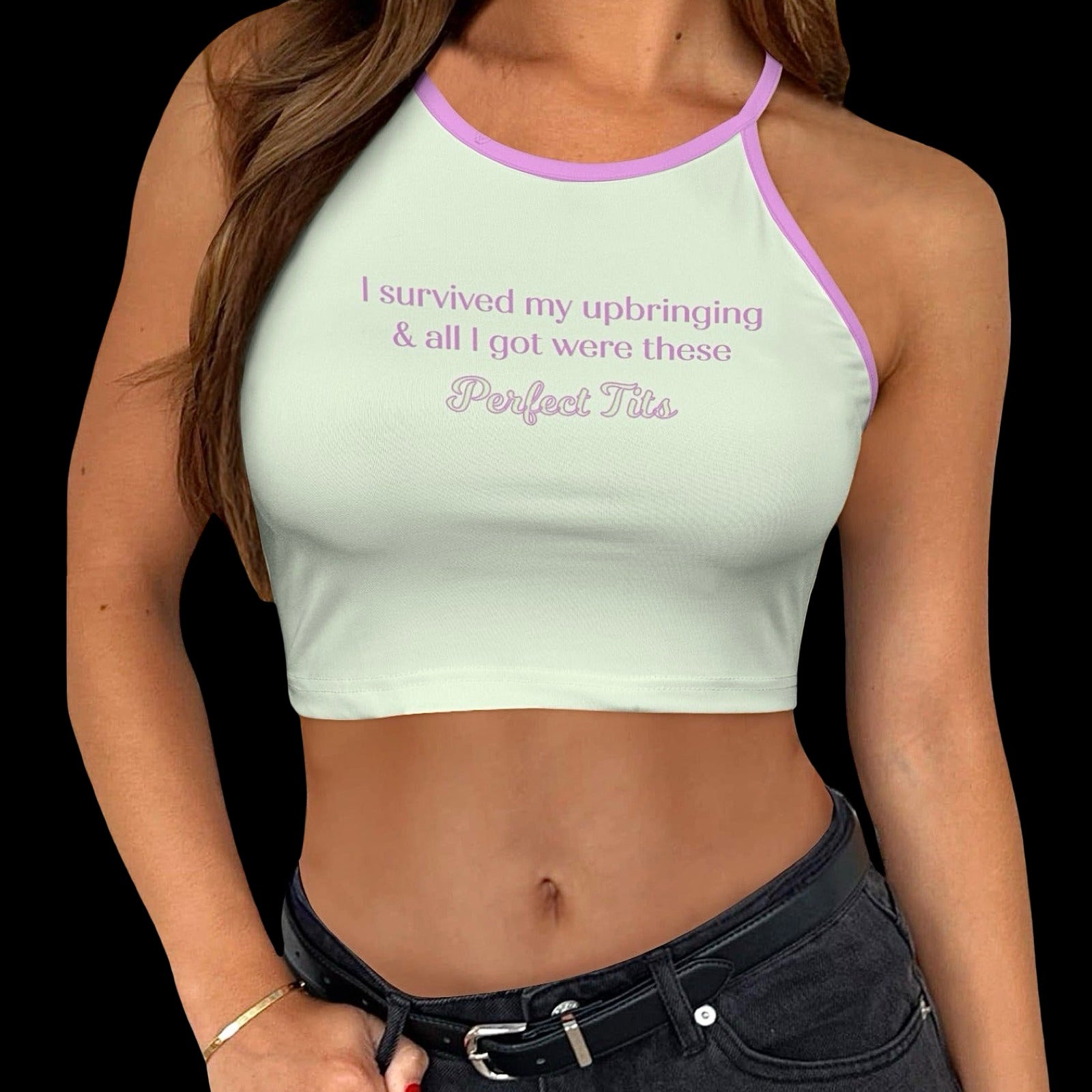 Woman wearing a light green crop halter top with baby pink trim featuring a text graphic that reads 