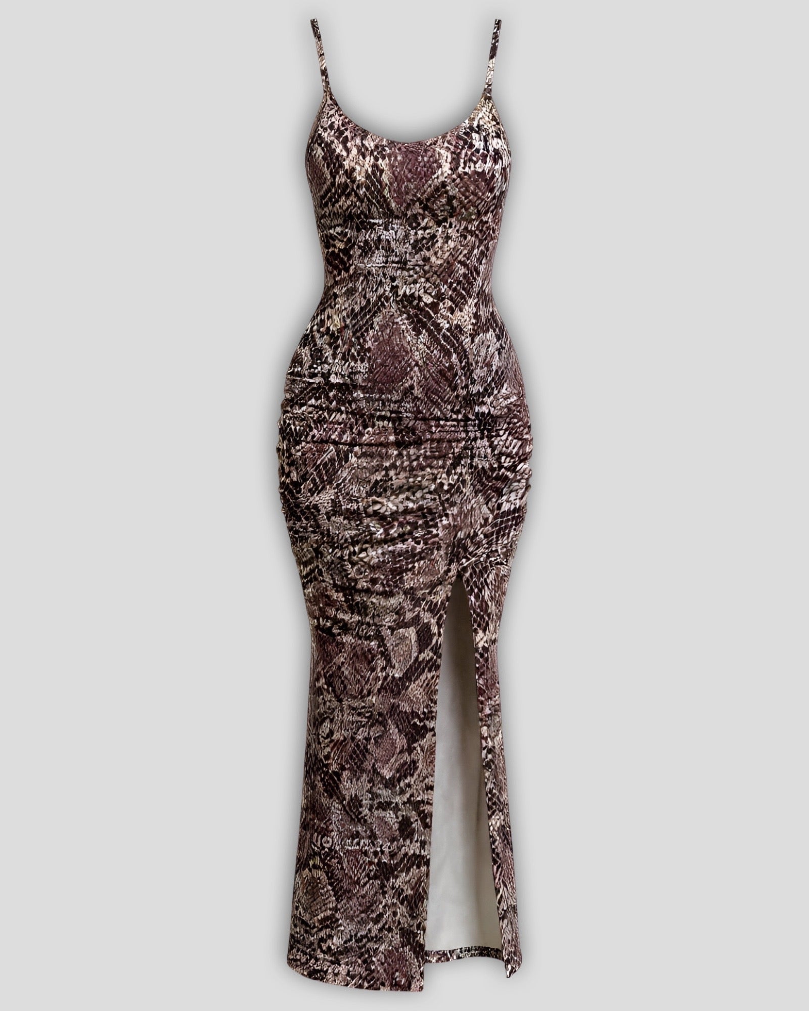snakeskin bodycon dress with spaghetti straps on a light gray background