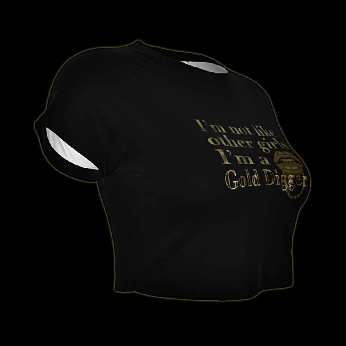 side view of a black cropped baby tee with gold text that reads 