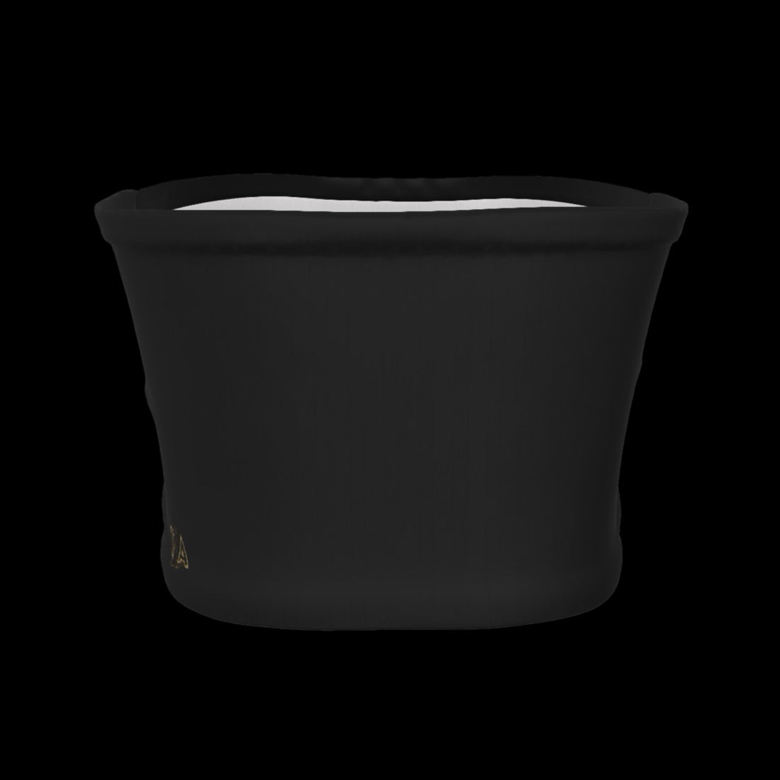 back view of cropped black strapless tube top against a plain background with a small gold t&a logo