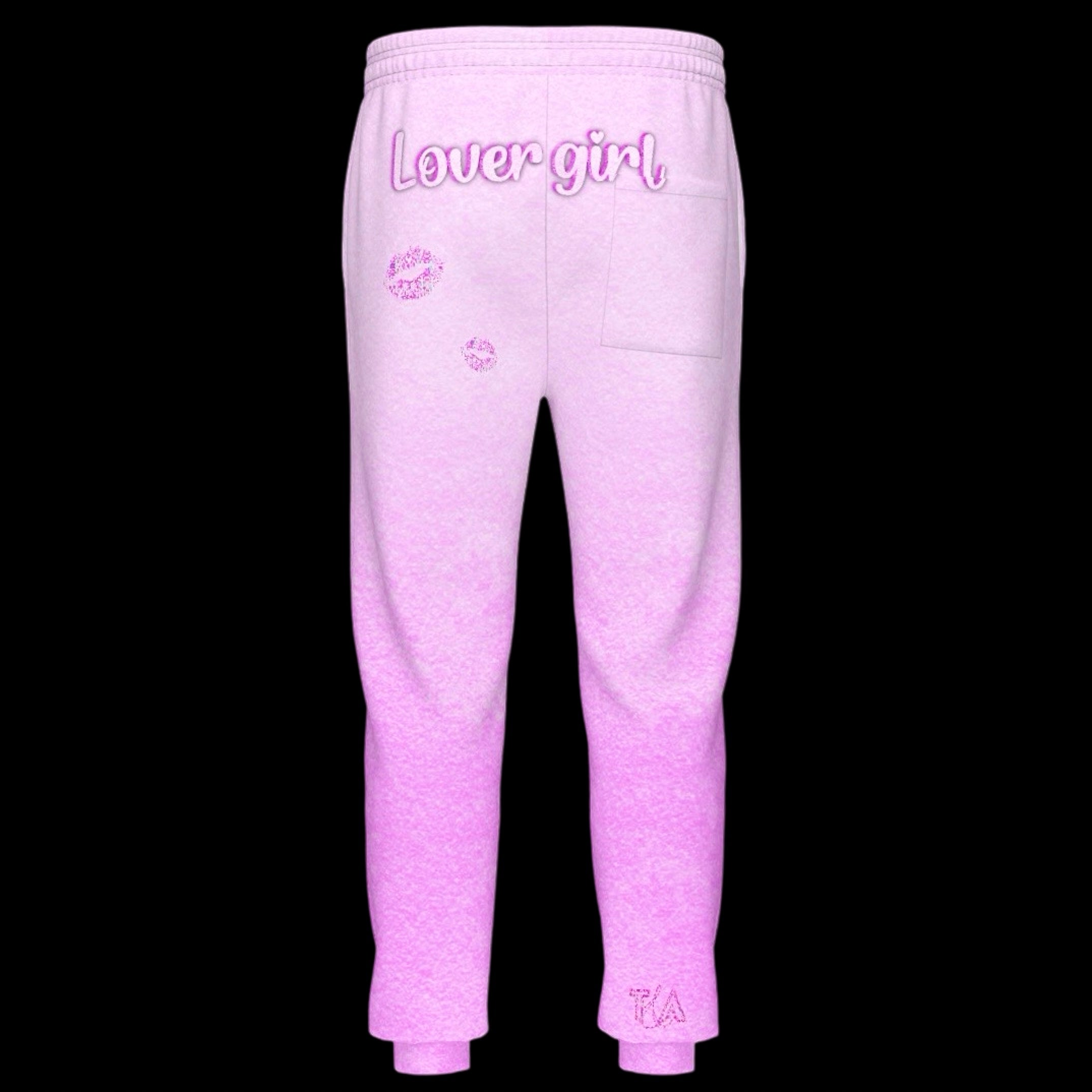 A pair of pink oversized graphic sweatpants with 'Lovergirl' written across the upper left leg and a heart motif. The sweatpants have a relaxed fit with an elasticized drawstring waist, rib-knit hem and cuff, and a tapered leg.