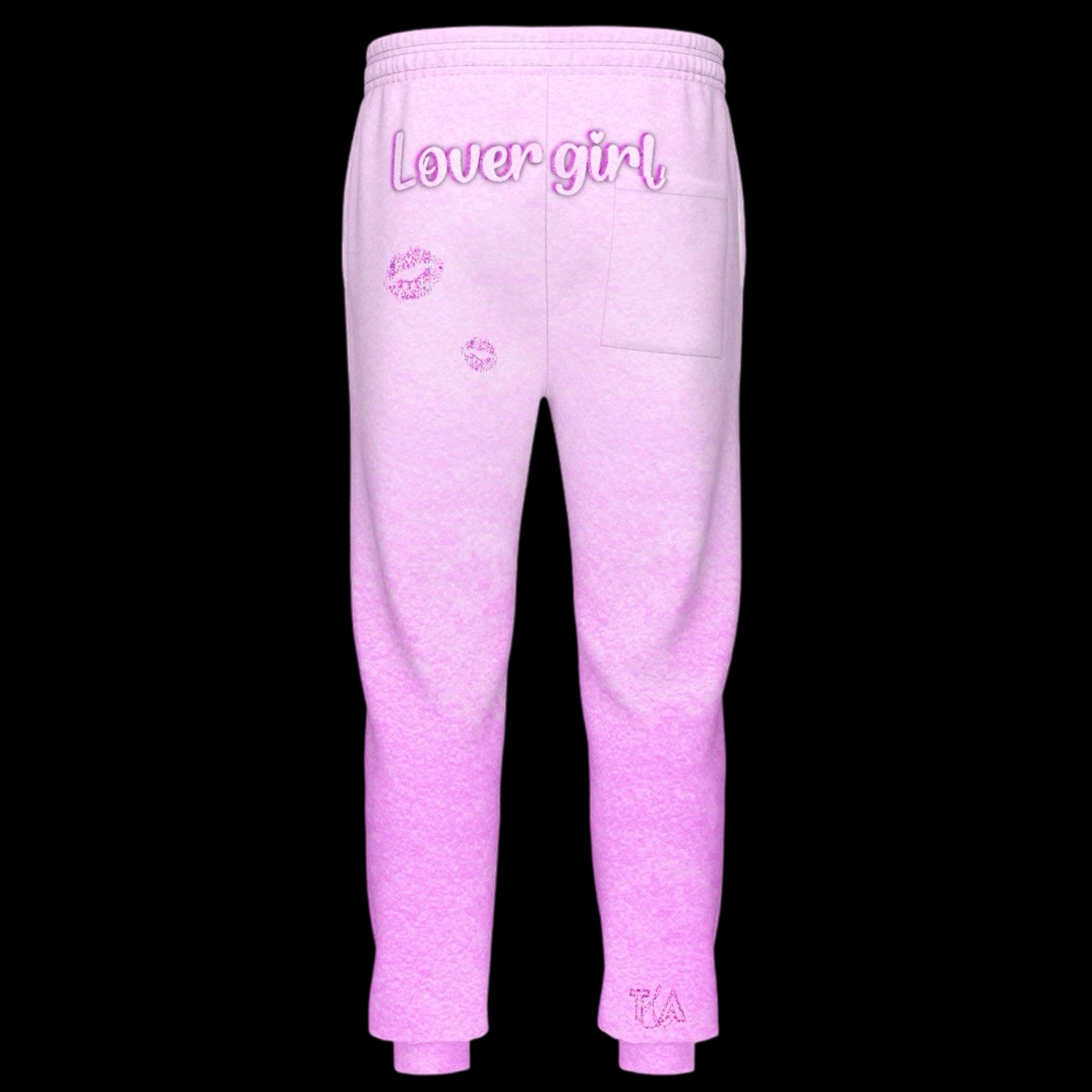 A pair of pink oversized graphic sweatpants with 'Lovergirl' written across the upper left leg and a heart motif. The sweatpants have a relaxed fit with an elasticized drawstring waist, rib-knit hem and cuff, and a tapered leg.