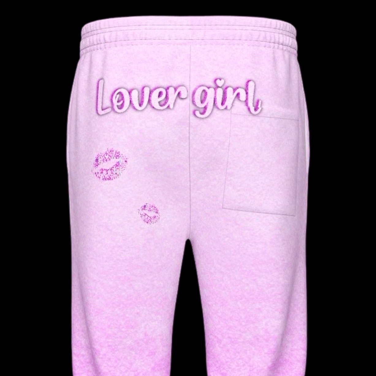 pink graphic sweatpants with contrast stripe and lovergirl print across rear 