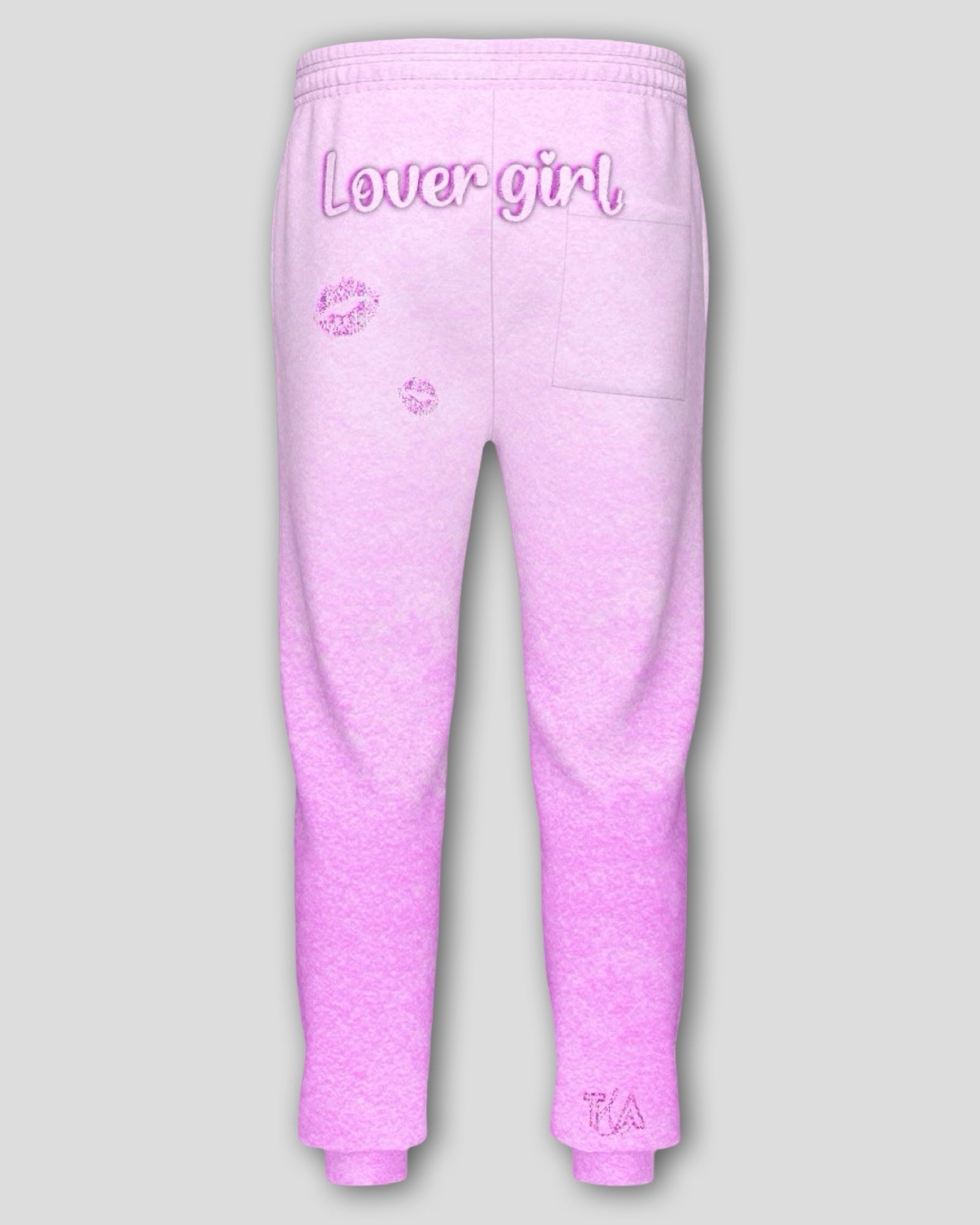 Pink contrast stripe sweatpants with 'Lover girl' text 