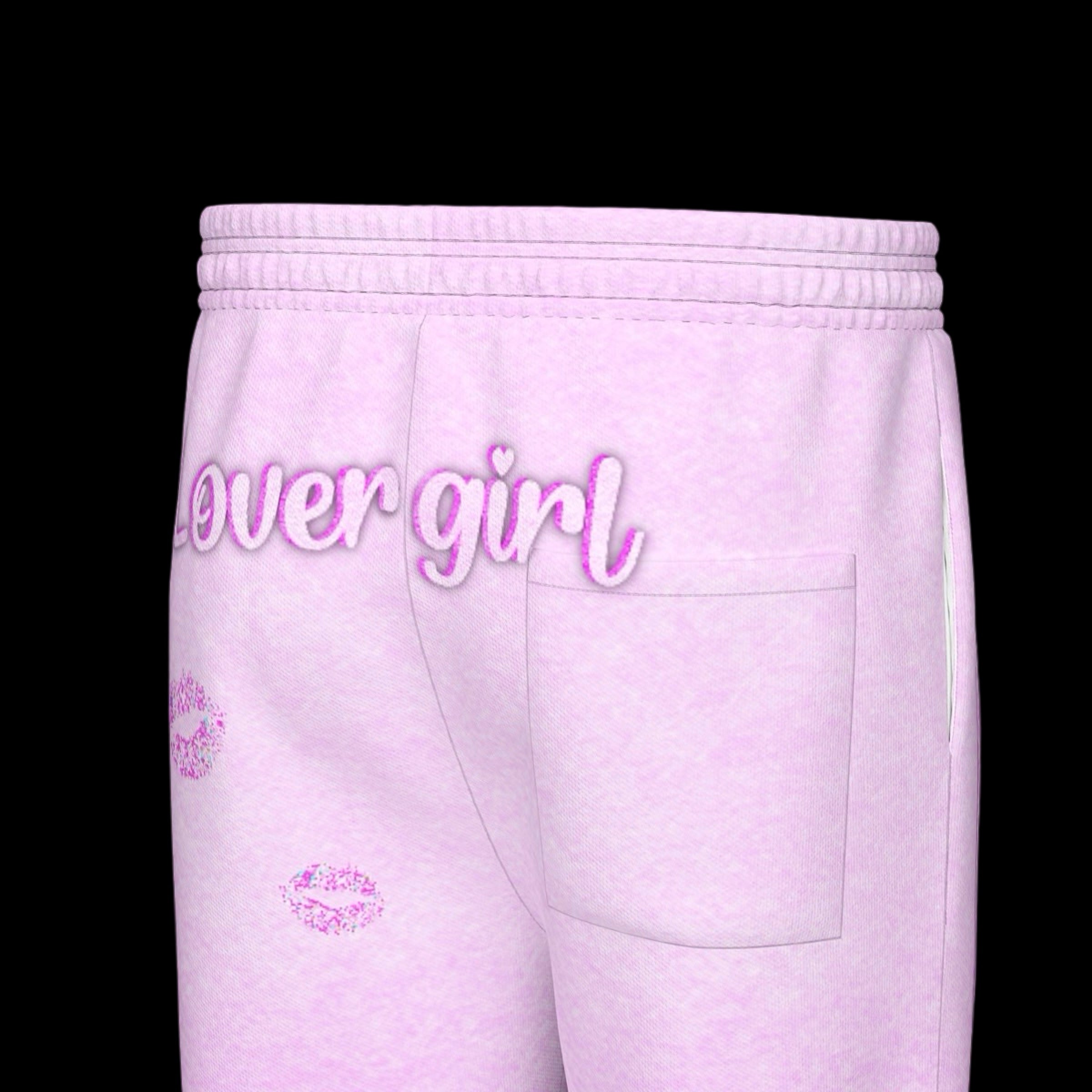 waistband and rear of pink graphic sweatpants with contrast stripe and 