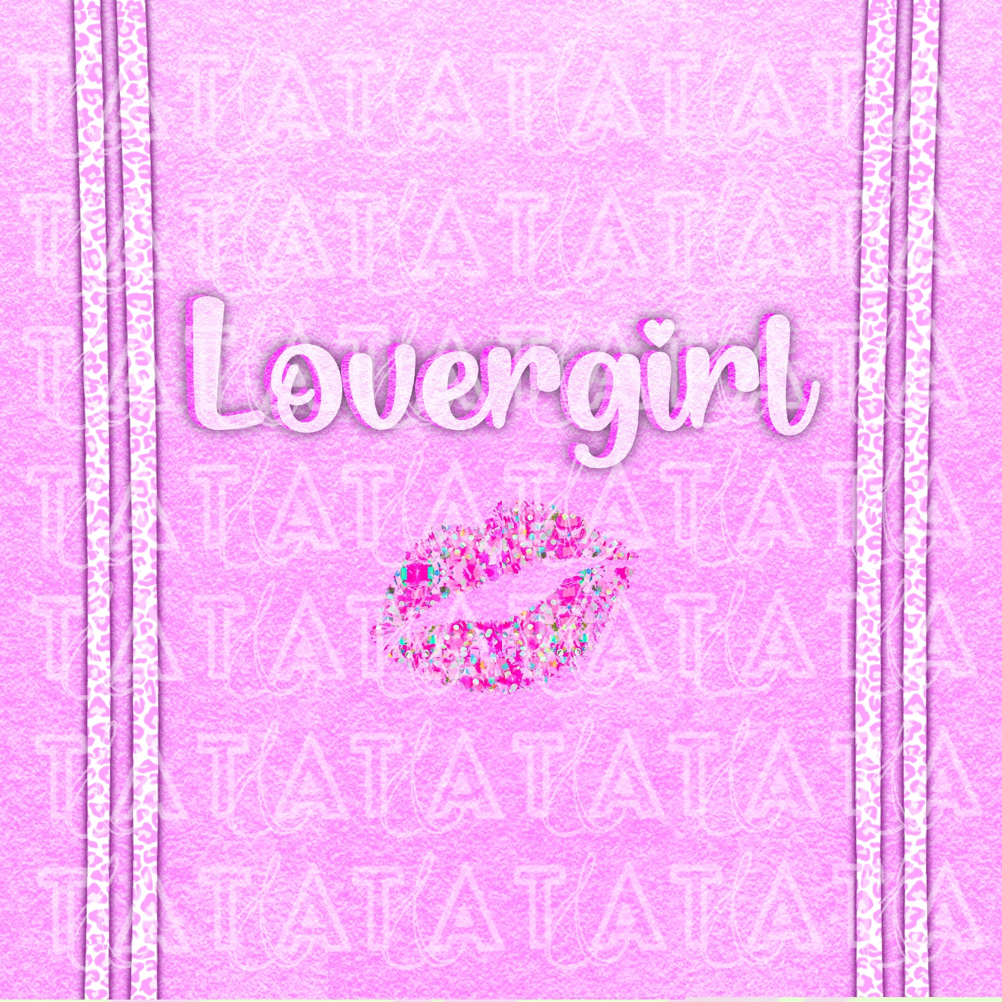 pink graphic with contrast stripe, kiss mark, and text that reads 