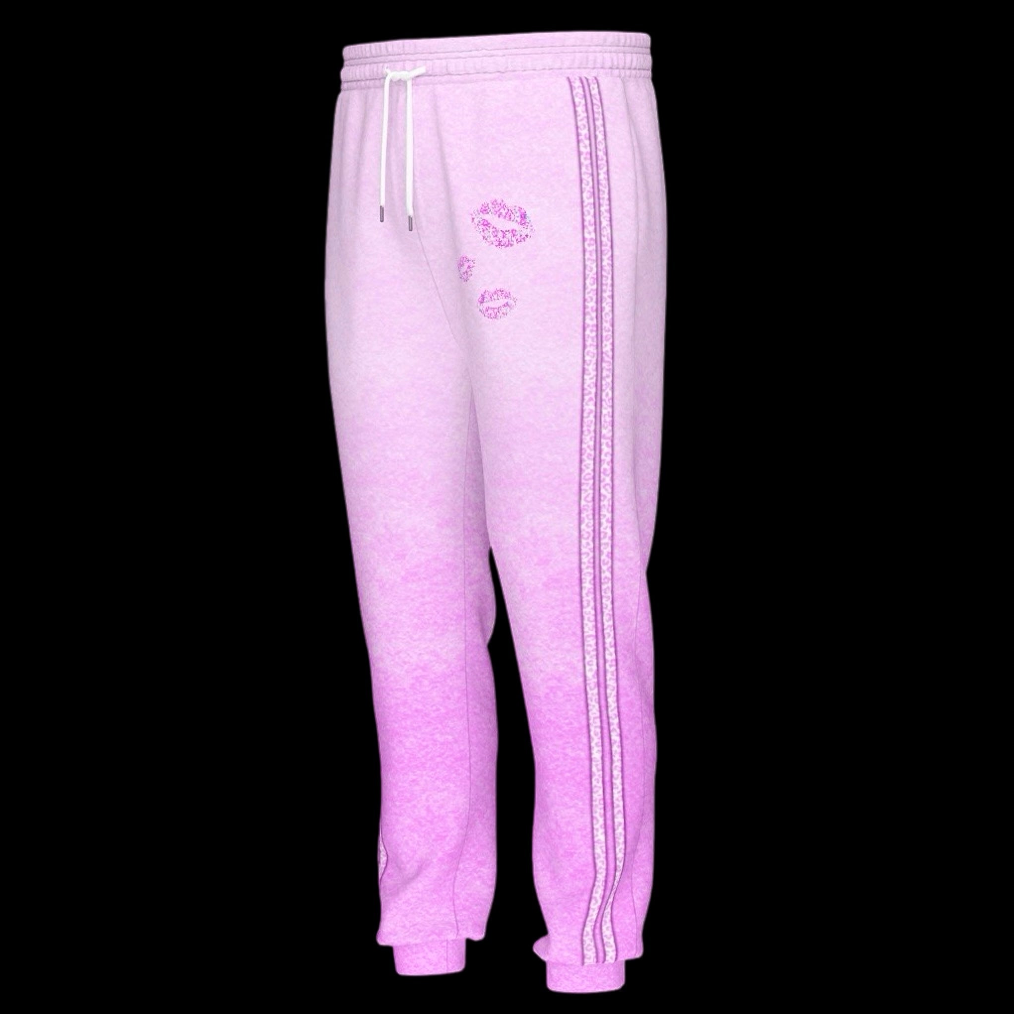 side view of pink contrast stripe lovergirl sweatpants on plain background