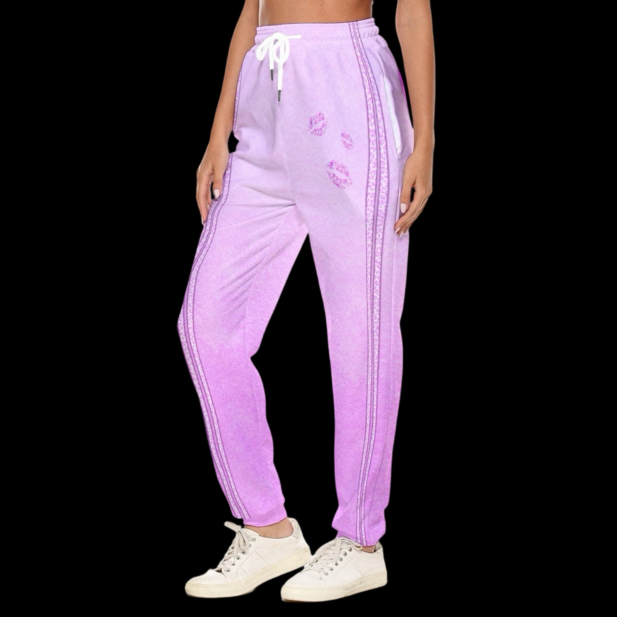 model wearing pink graphic contrast stripe lovergirl sweatpants