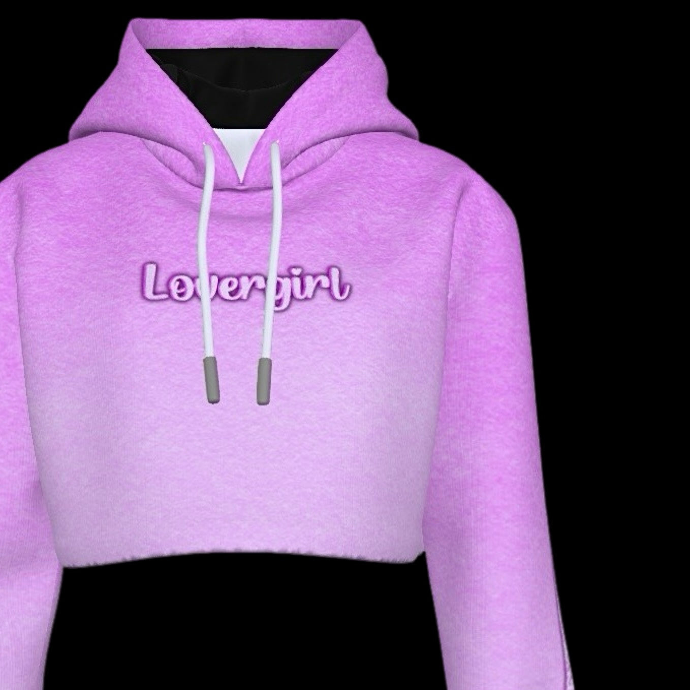 pink ombre contrast stripe cropped hoodie with drawstring neckline with lovergirl text graphic printed across the chest against a plain background