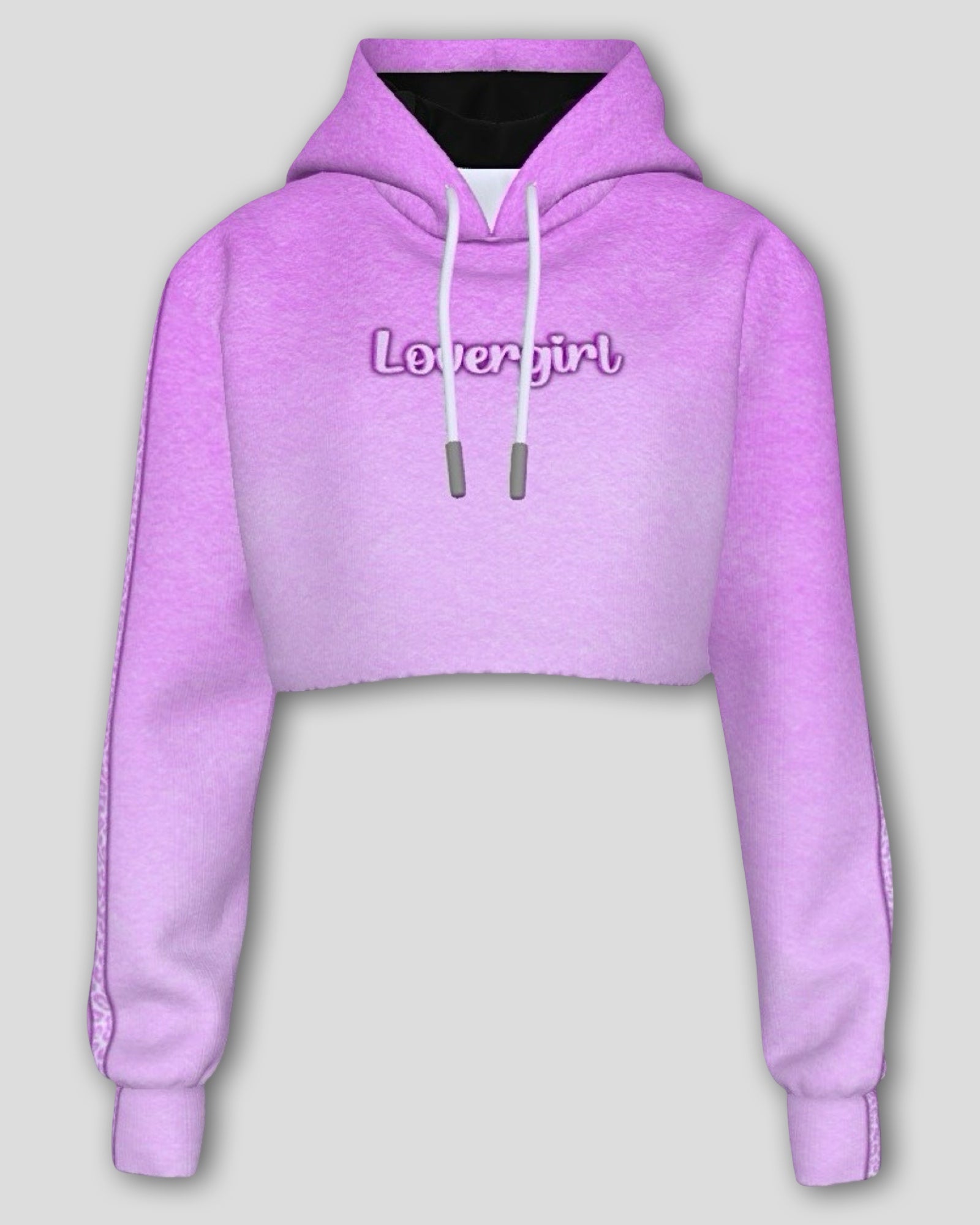 pink ombre contrast stripe cropped hoodie with drawstring neckline with lovergirl text graphic printed across the chest against a plain background