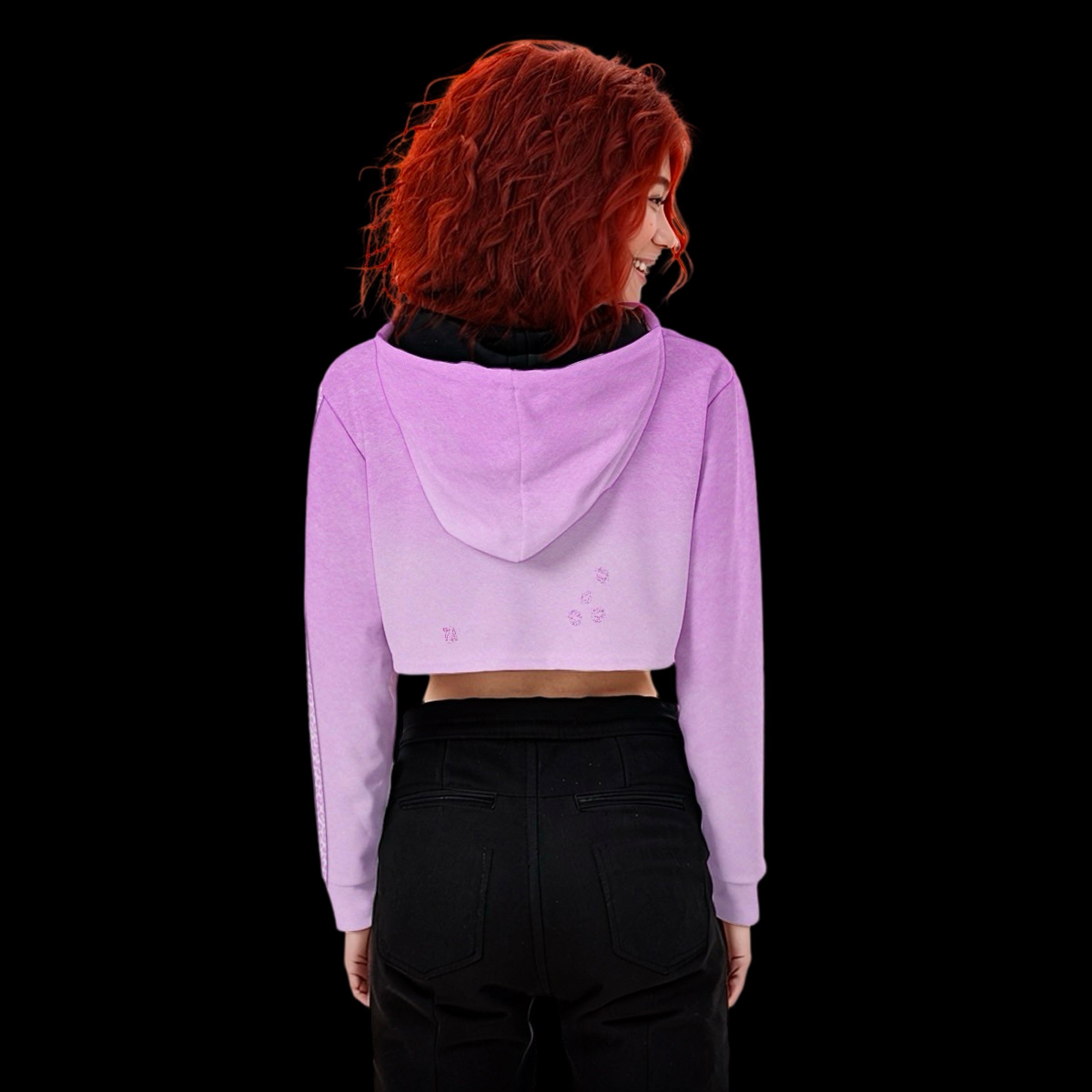 back view of a woman wearing a pink ombre contrast stripe cropped hoodie 